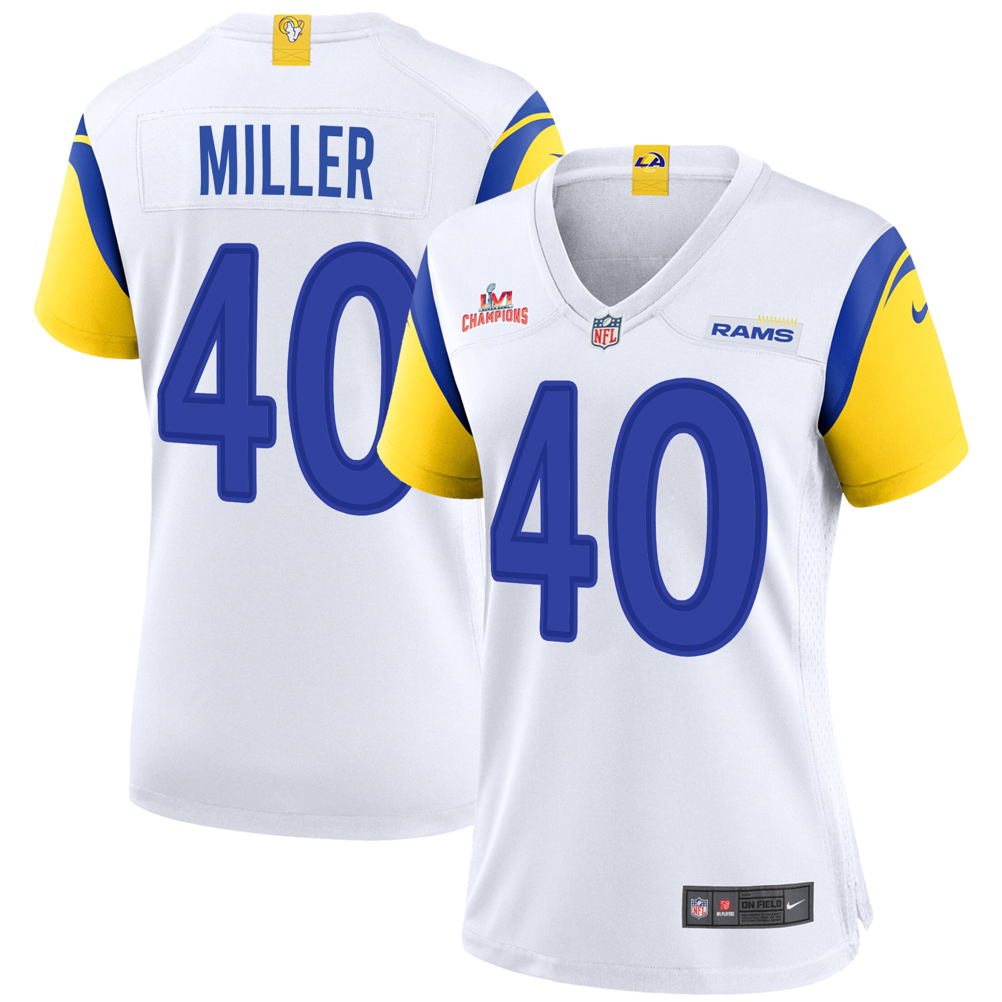 Super Bowl LVI Champions Los Angeles Rams Von Miller 40 White Women's Jersey Jersey