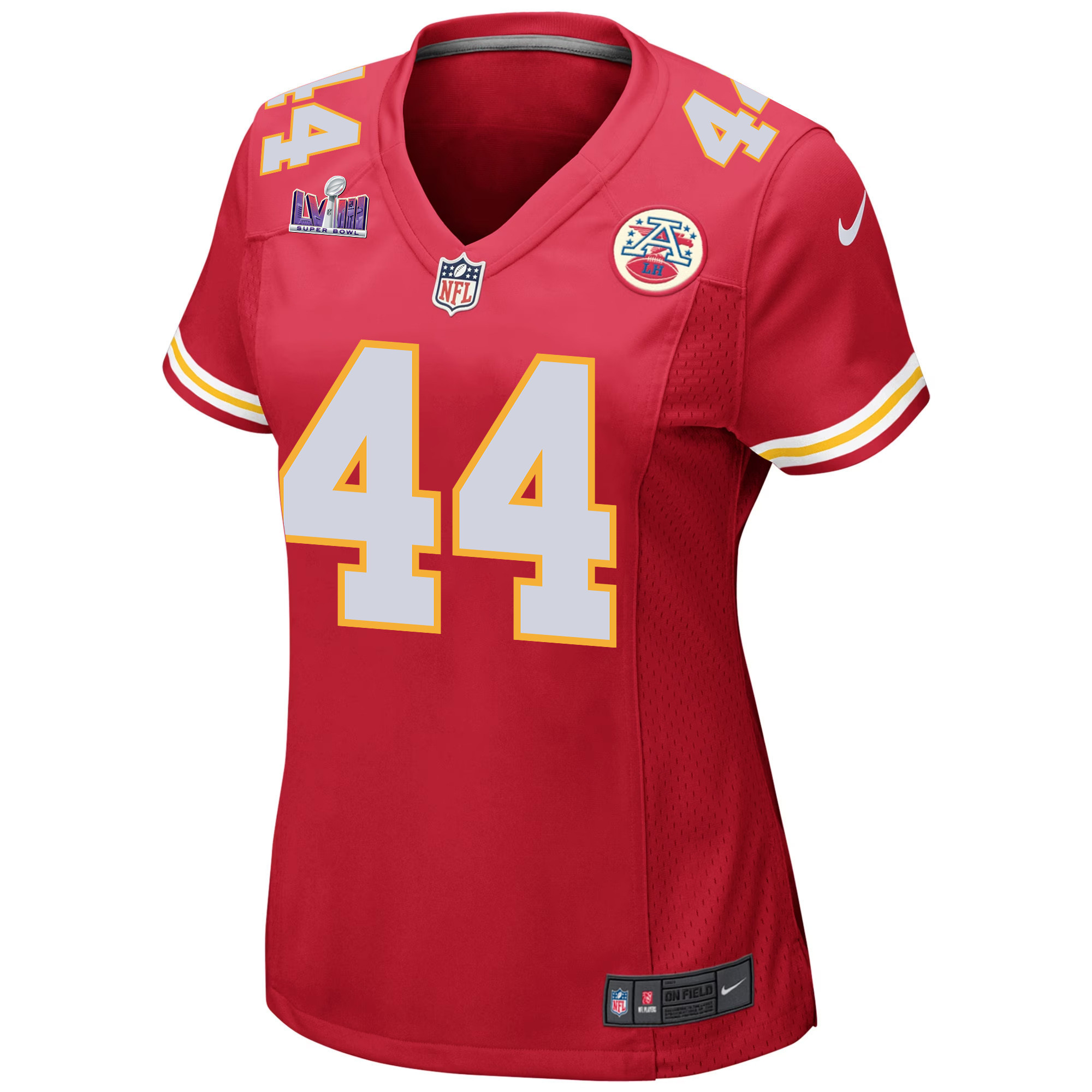 Cam Jones 44 Kansas City Chiefs Super Bowl LVIII Patch Game Women Jersey - Red