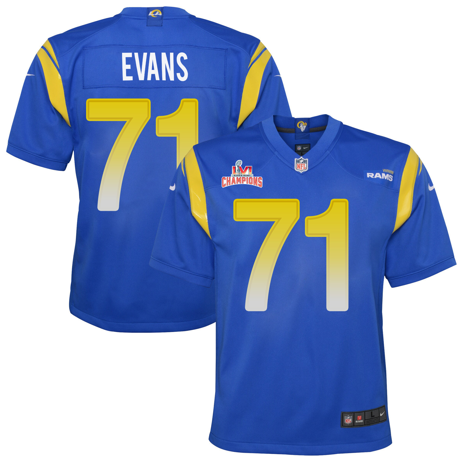 Super Bowl LVI Champions Los Angeles Rams Bobby Evans 71 Royal Youth's Jersey Jersey