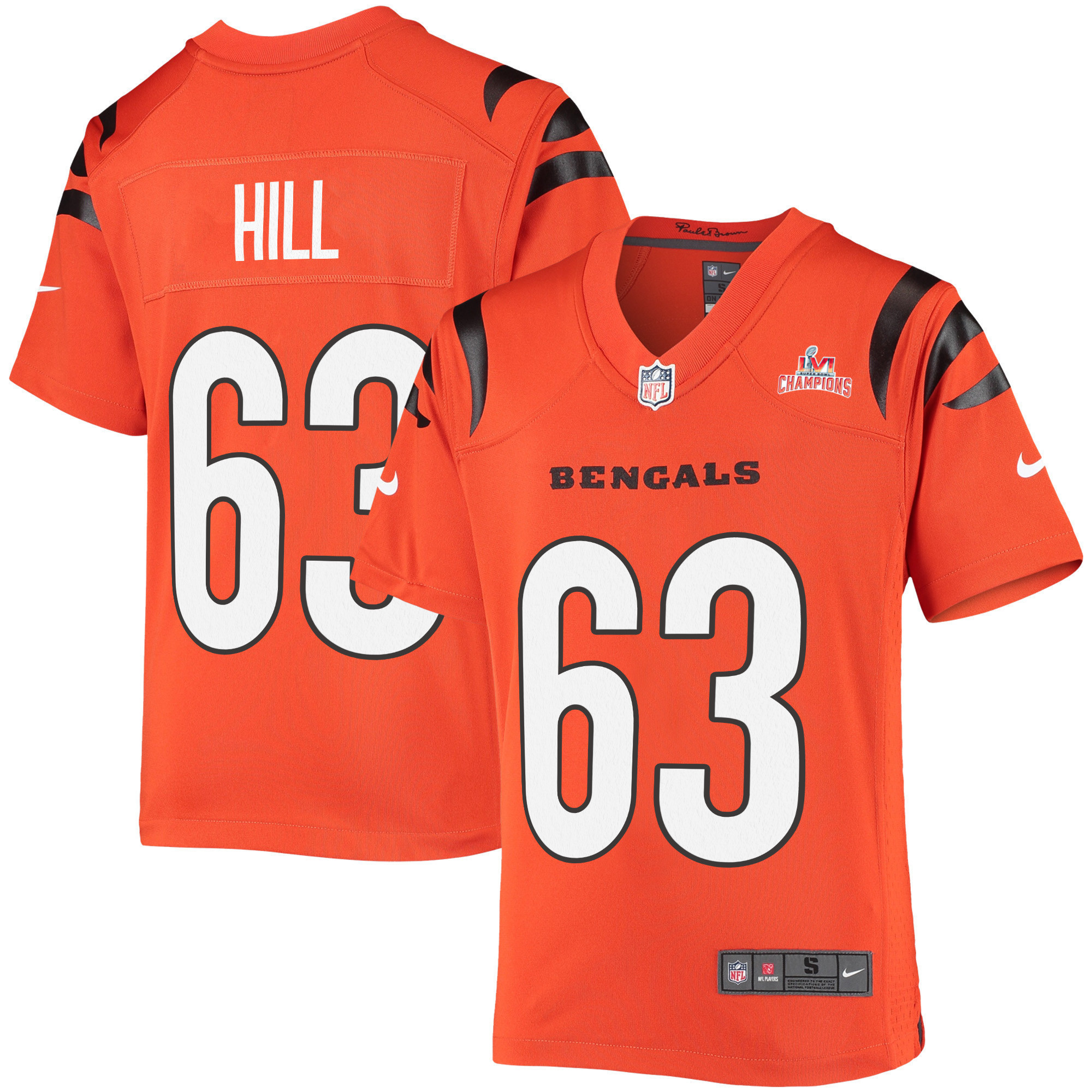 Super Bowl LVI Champions Cincinnati Bengals Trey Hill 63 Orange Youth's Jersey Jersey