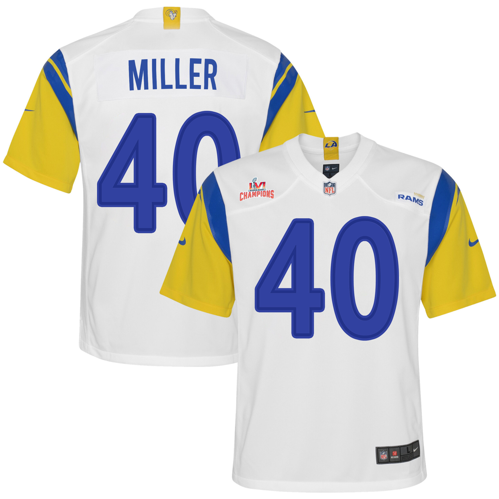 Super Bowl LVI Champions Los Angeles Rams Von Miller 40 White Youth's Jersey Jersey