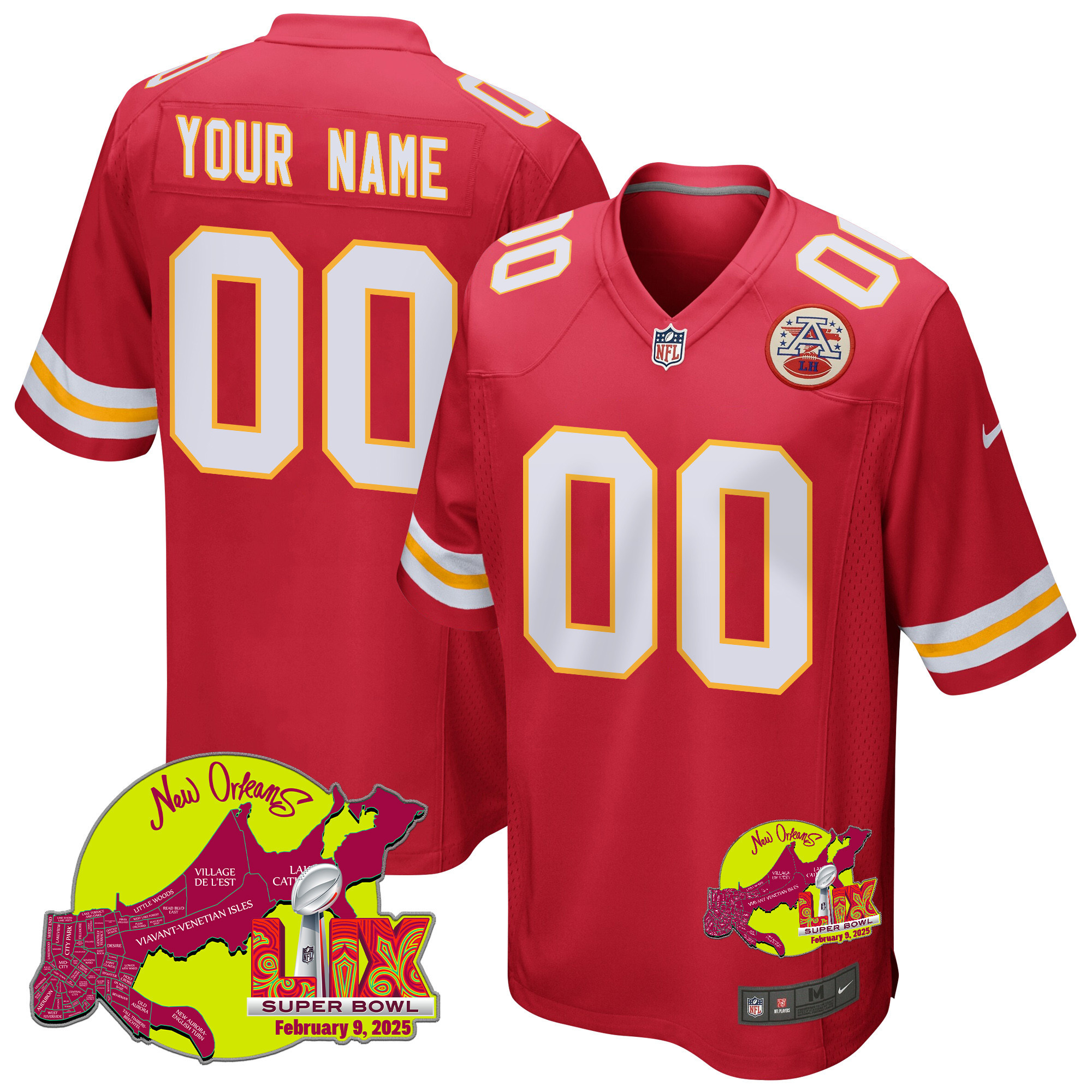 Kansas City Chiefs Super Bowl LIX New Orleans Patch Game Men Custom Jersey - Red