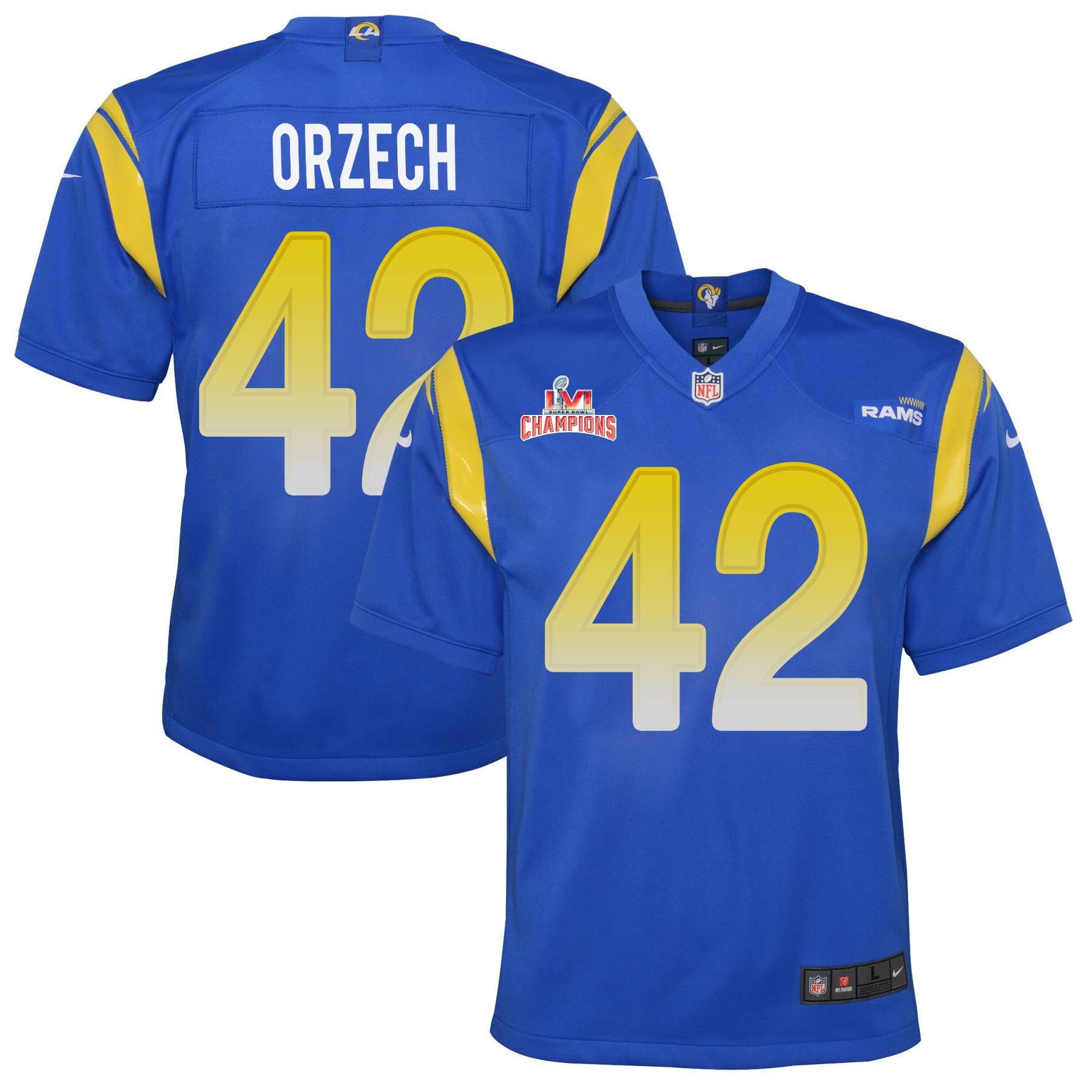 Super Bowl LVI Champions Los Angeles Rams Matthew Orzech 42 Royal Youth's Jersey Jersey
