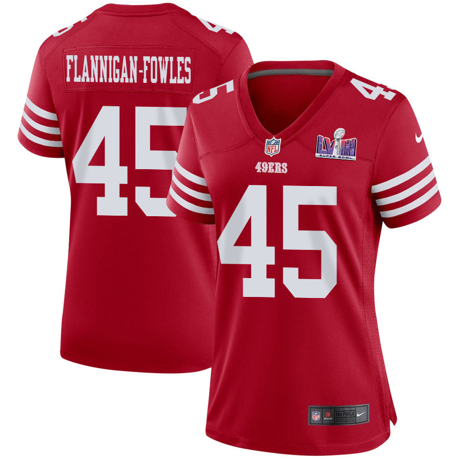 Demetrius Flannigan-Fowles 45 San Francisco 49ers Super Bowl LVIII Patch Game Women Jersey - Scarlet