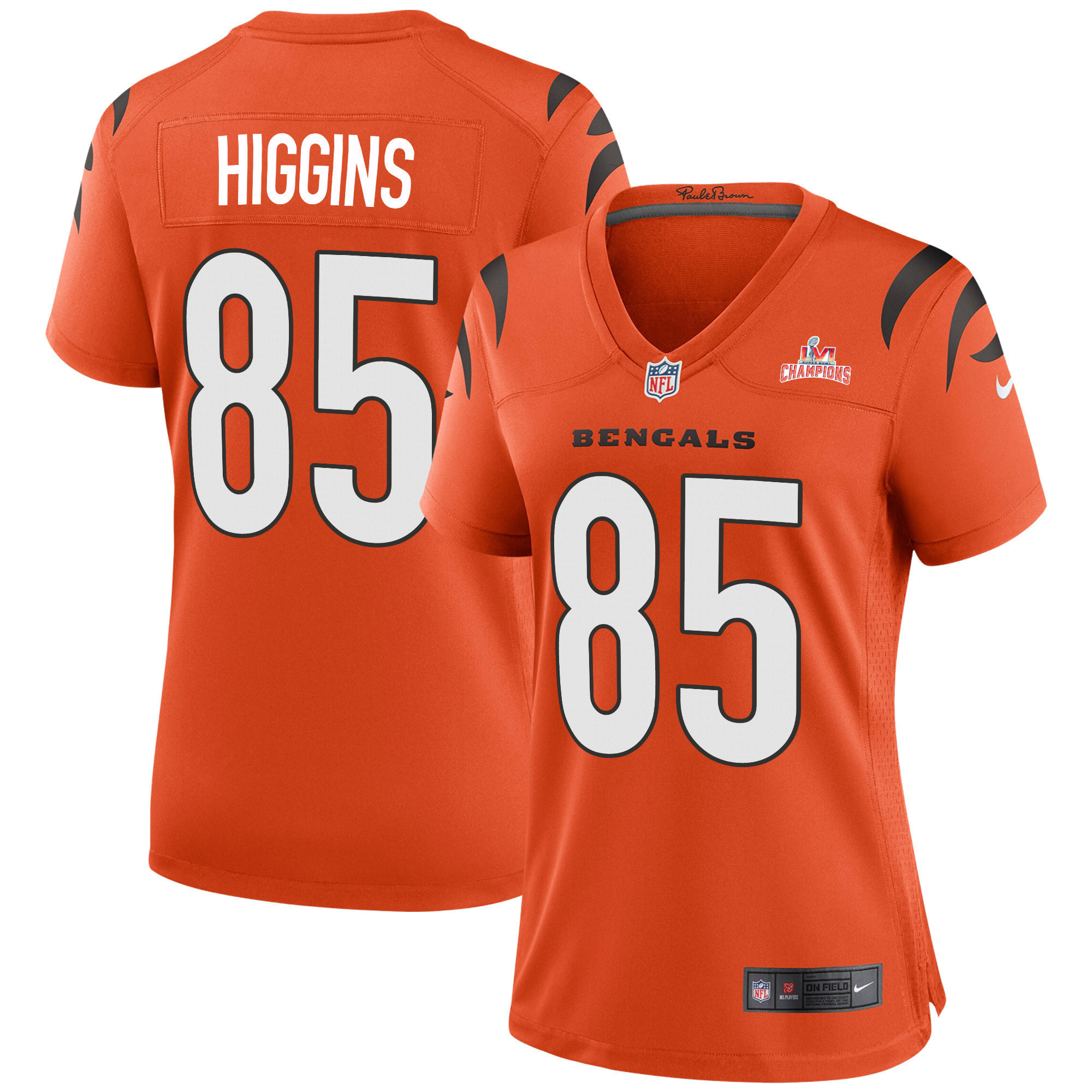 Super Bowl LVI Champions Cincinnati Bengals Tee Higgins 85 Orange Women's Jersey Jersey