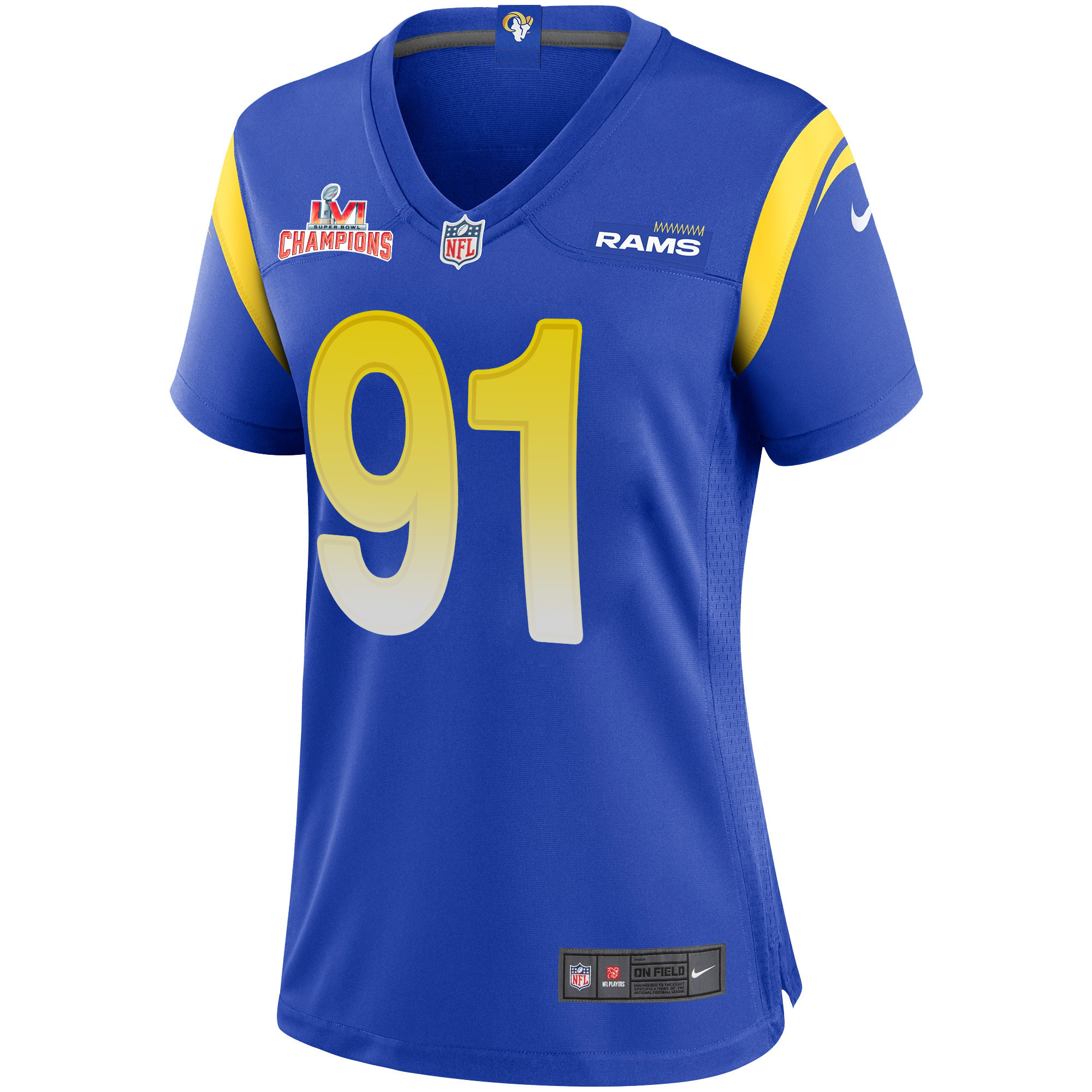 Super Bowl LVI Champions Los Angeles Rams Greg Gaines 91 Royal Women's Jersey Jersey