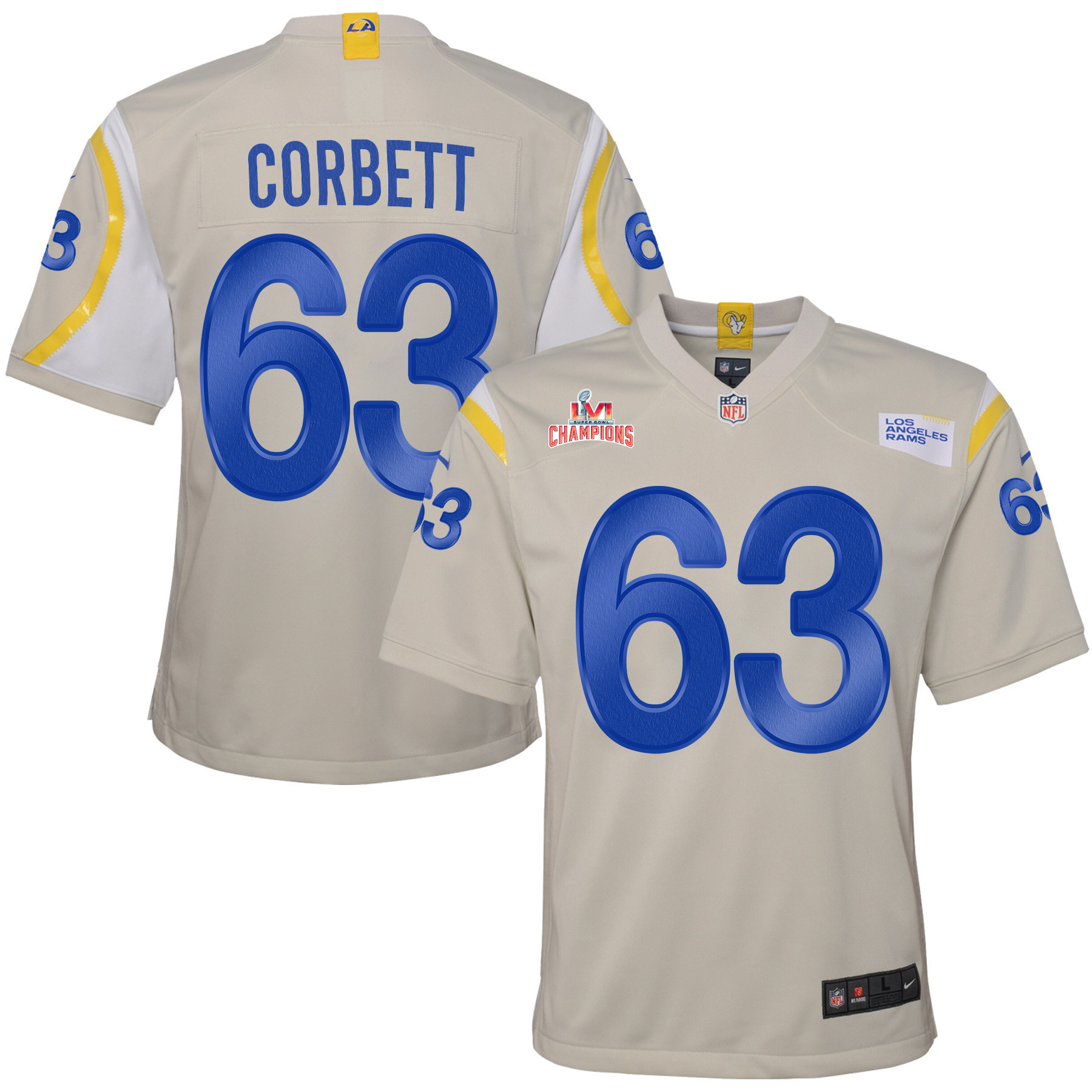 Super Bowl LVI Champions Los Angeles Rams Austin Corbett 63 Bone Youth's Jersey Jersey
