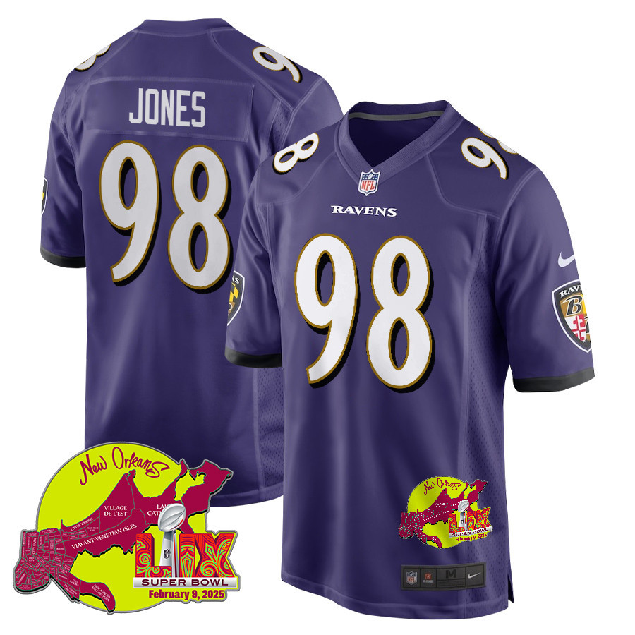 Travis Jones 98 Baltimore Ravens Super Bowl LIX New Orleans Patch Game Men Jersey - Purple