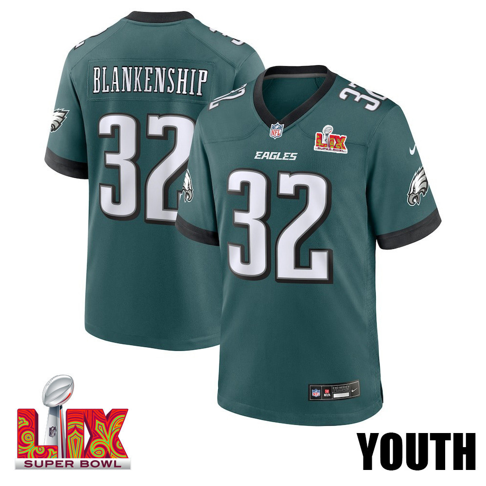Reed Blankenship #32 Philadelphia Eagles Super Bowl LIX YOUTH Jersey - Midnight Green
