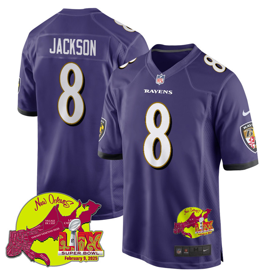 Lamar Jackson 8 Baltimore Ravens Super Bowl LIX New Orleans Patch Game Men Jersey - Purple