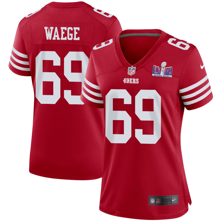 Spencer Waege 69 San Francisco 49ers Super Bowl LVIII Patch Game Women Jersey - Scarlet