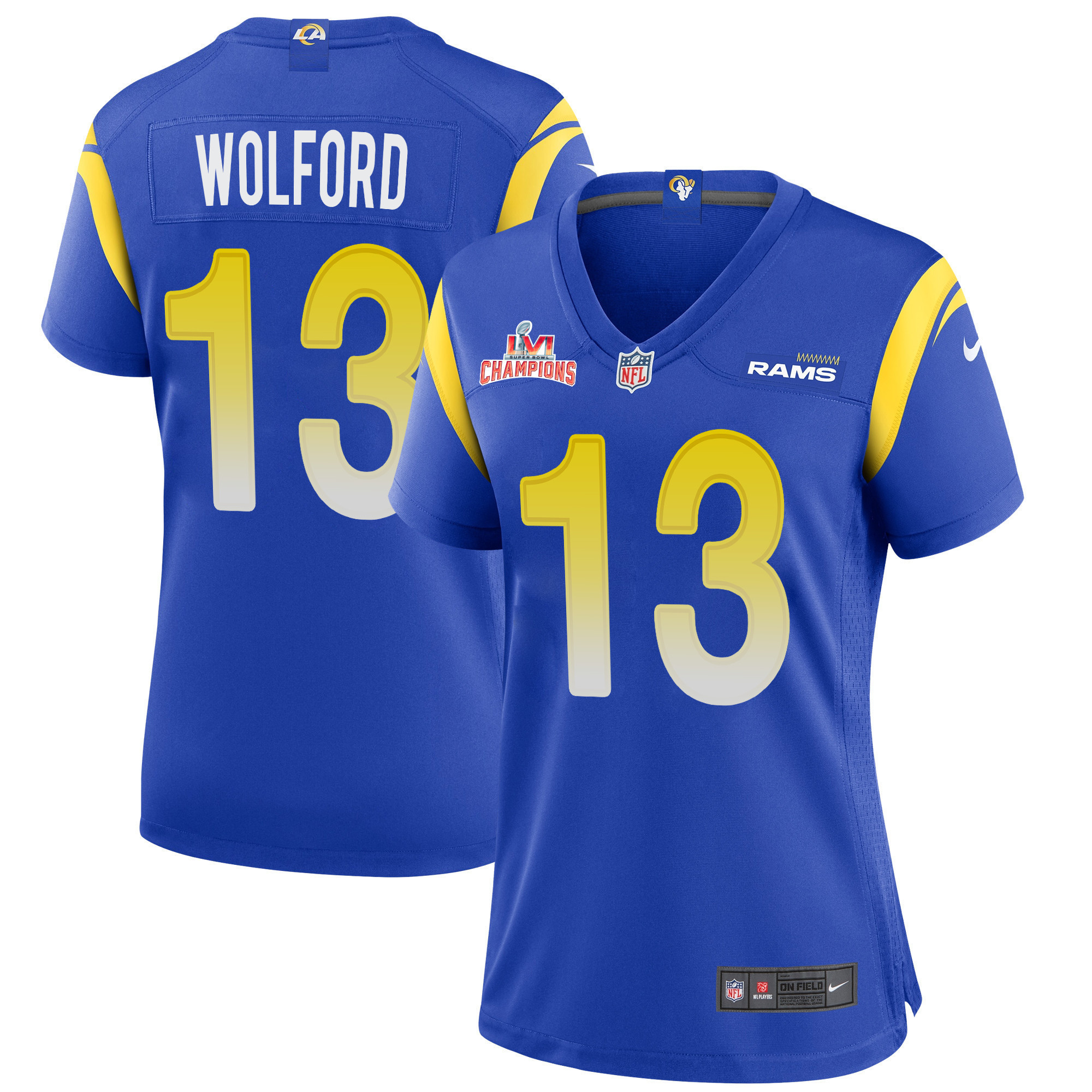 Super Bowl LVI Champions Los Angeles Rams John Wolford 13 Royal Women's Jersey Jersey