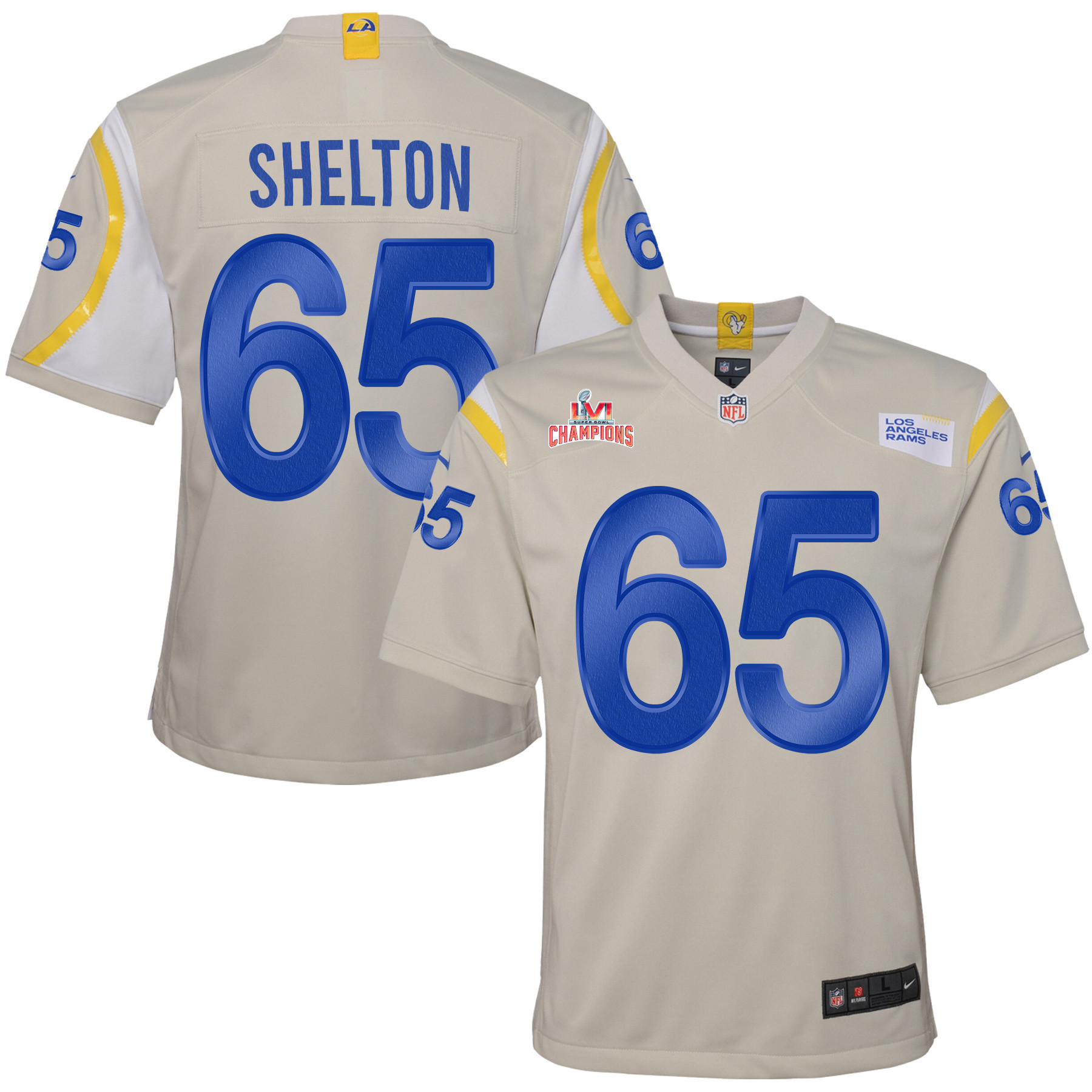 Super Bowl LVI Champions Los Angeles Rams Coleman Shelton 65 Bone Youth's Jersey Jersey
