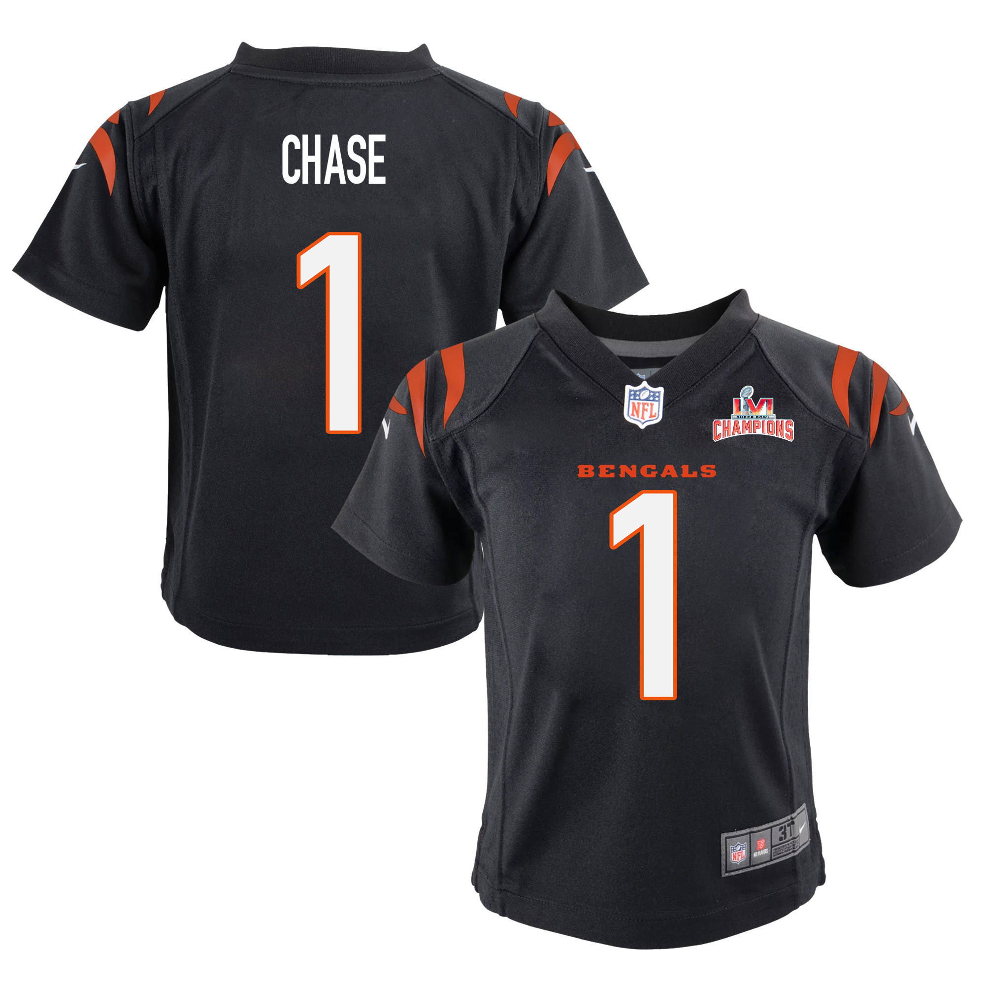 Super Bowl LVI Champions Cincinnati Bengals Ja'Marr Chase 1 Black Youth's Jersey Jersey