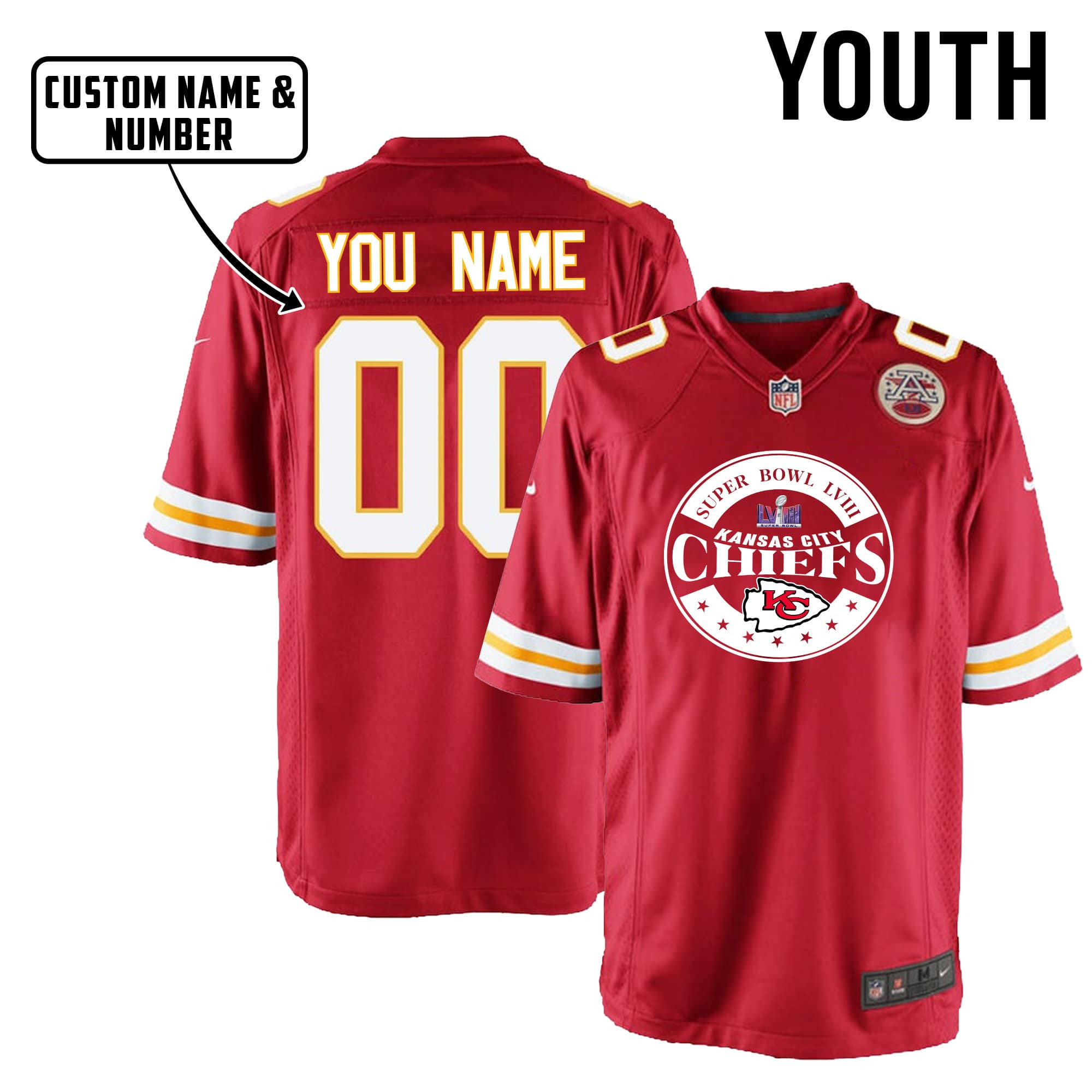 Kansas City Chiefs Super Bowl LVIII Game Circle YOUTH Jersey - Red V4
