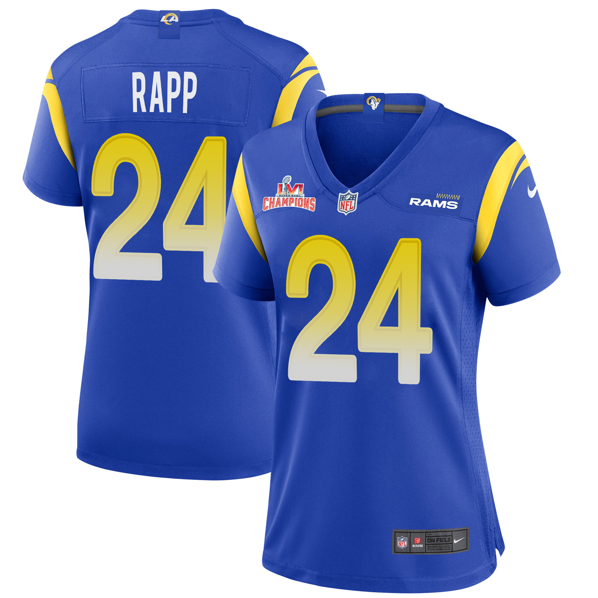 Super Bowl LVI Champions Los Angeles Rams Taylor Rapp 24 Royal Women's Jersey Jersey