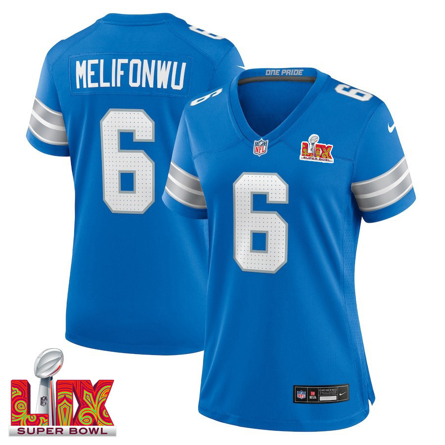 Ifeatu Melifonwu #6 Detroit Lions Super Bowl LIX Women's Jersey - Blue