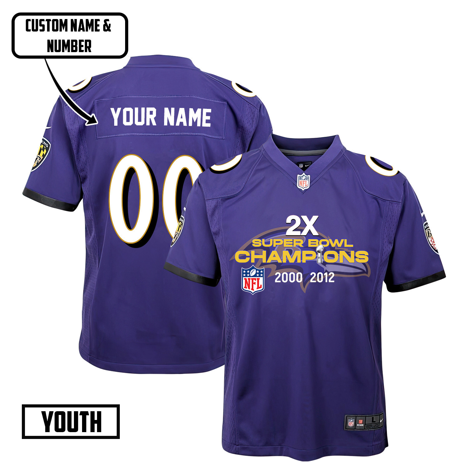 Baltimore Ravens 2X Super Bowl Champions Jersey - Youth, Purple