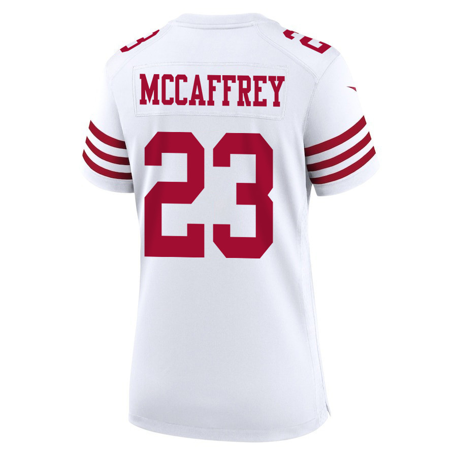 Christian McCaffrey 23 San Francisco 49ers Super Bowl LVIII Patch Game Women Jersey - White