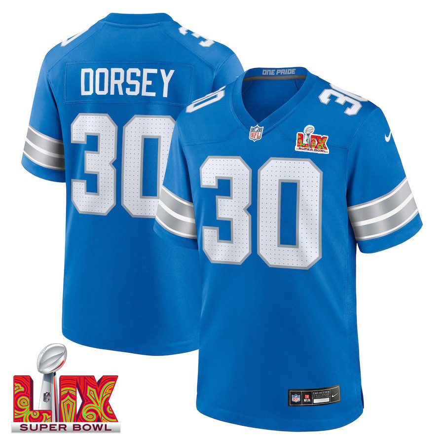 Khalil Dorsey #30 Detroit Lions Super Bowl LIX Jersey - Men's - Blue