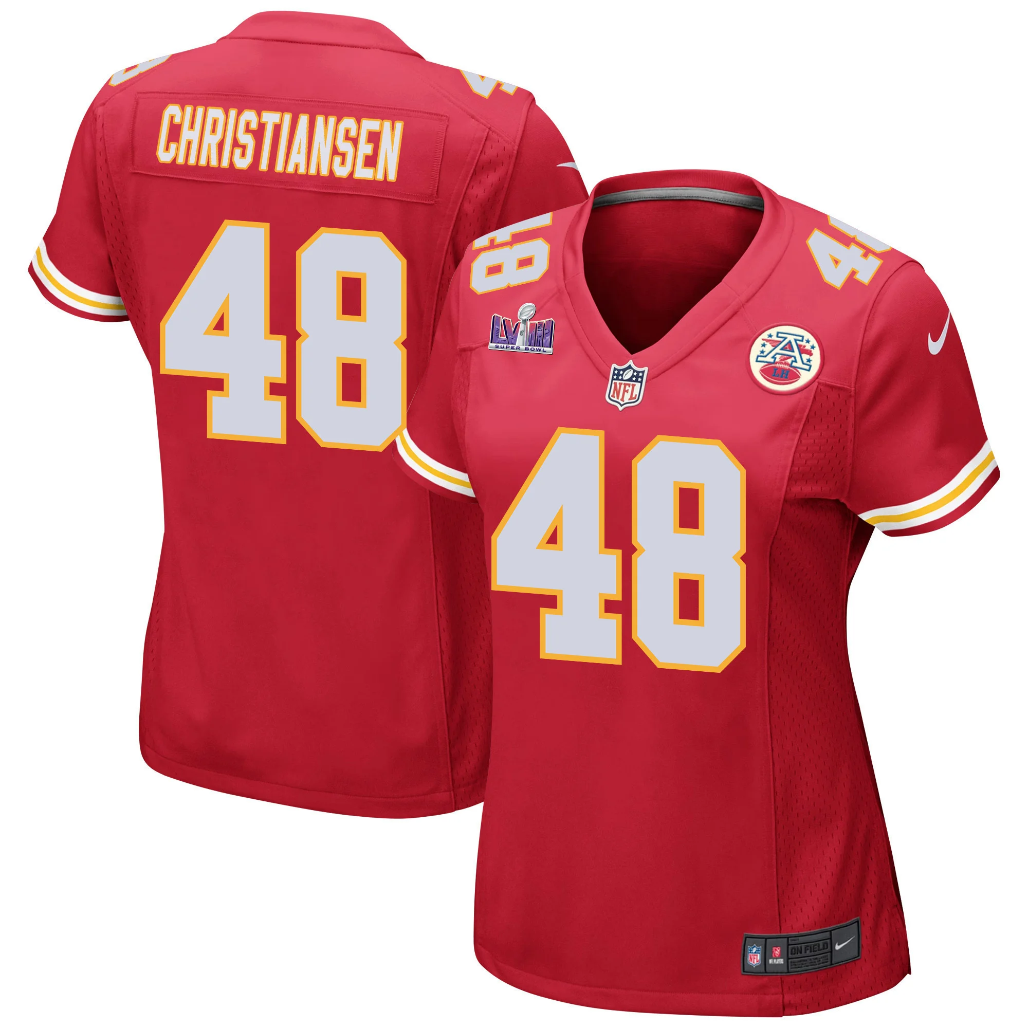 Cole Christiansen 48 Kansas City Chiefs Super Bowl LVIII Patch Game Women Jersey - Red