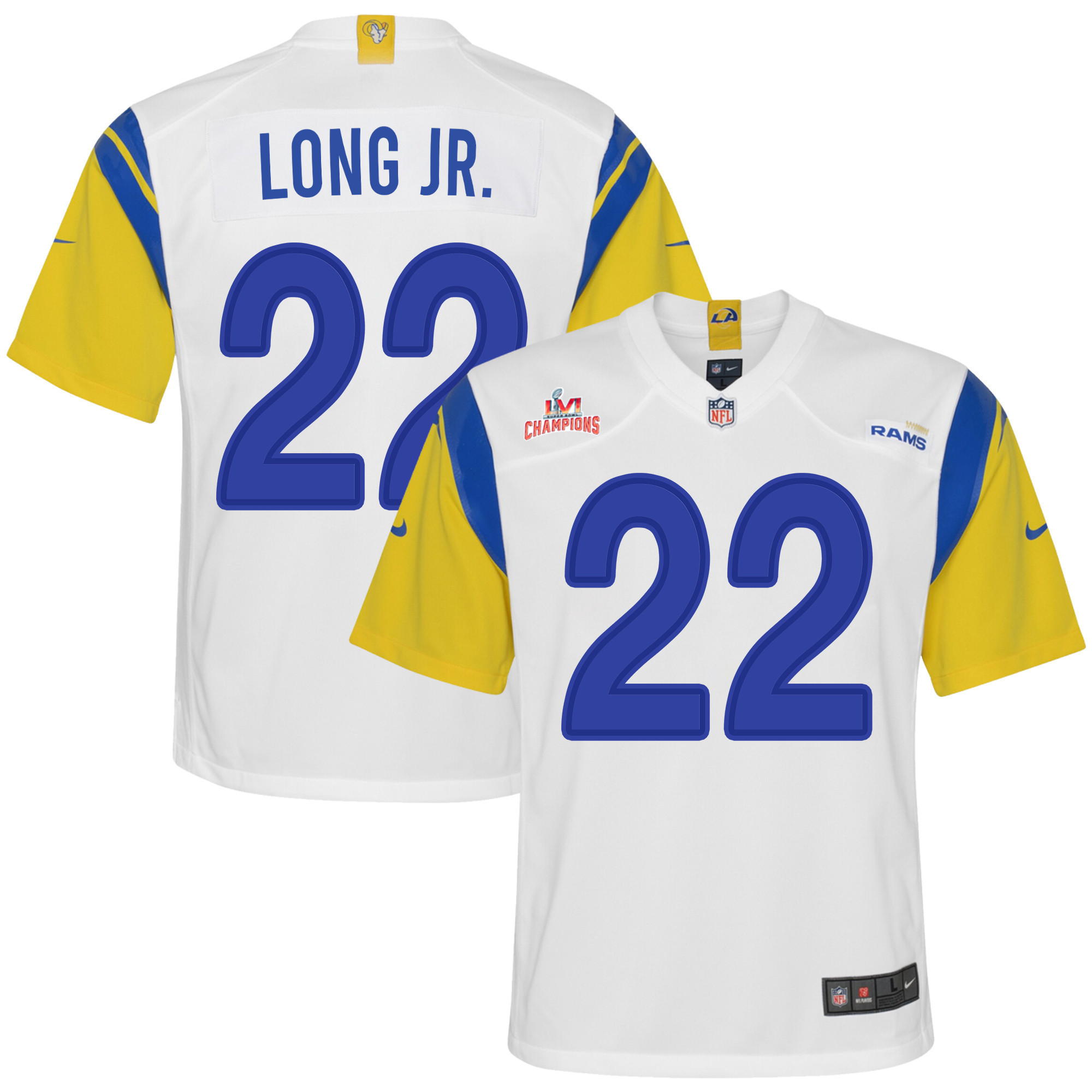 Super Bowl LVI Champions Los Angeles Rams David Long Jr. 22 White Youth's Jersey Jersey
