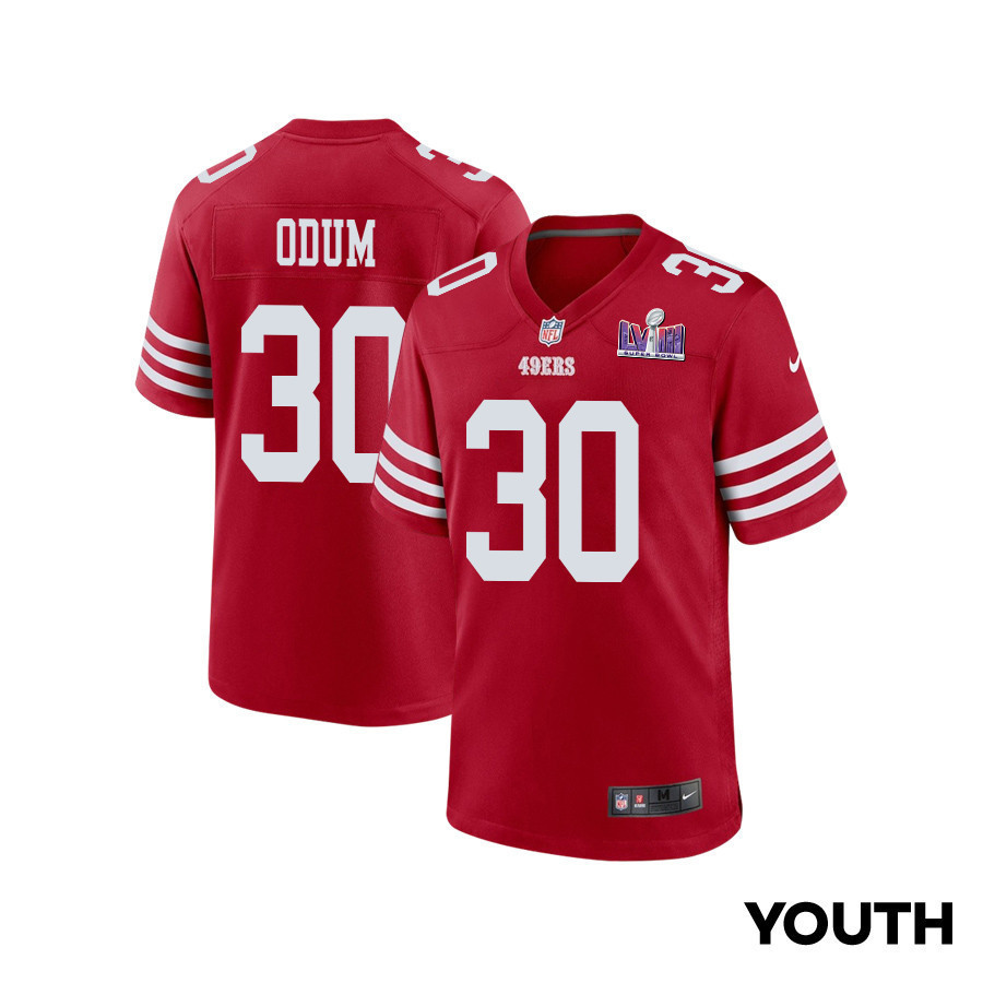 George Odum 30 San Francisco 49ers Super Bowl LVIII Patch Game YOUTH Jersey - Scarlet