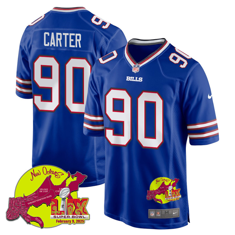 DeWayne Carter 90 Buffalo Bills Super Bowl LIX New Orleans Patch Game Men Jersey - Royal