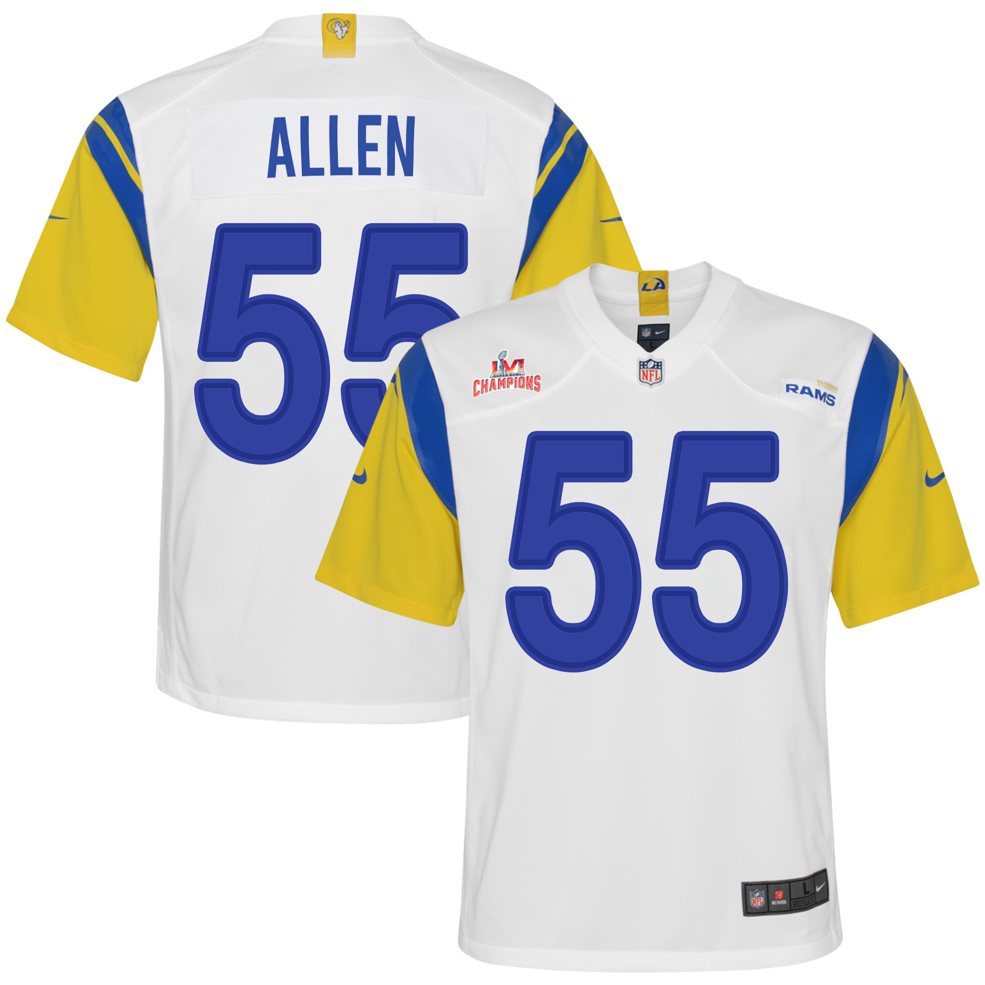 Super Bowl LVI Champions Los Angeles Rams Brian Allen 55 White Youth's Jersey Jersey