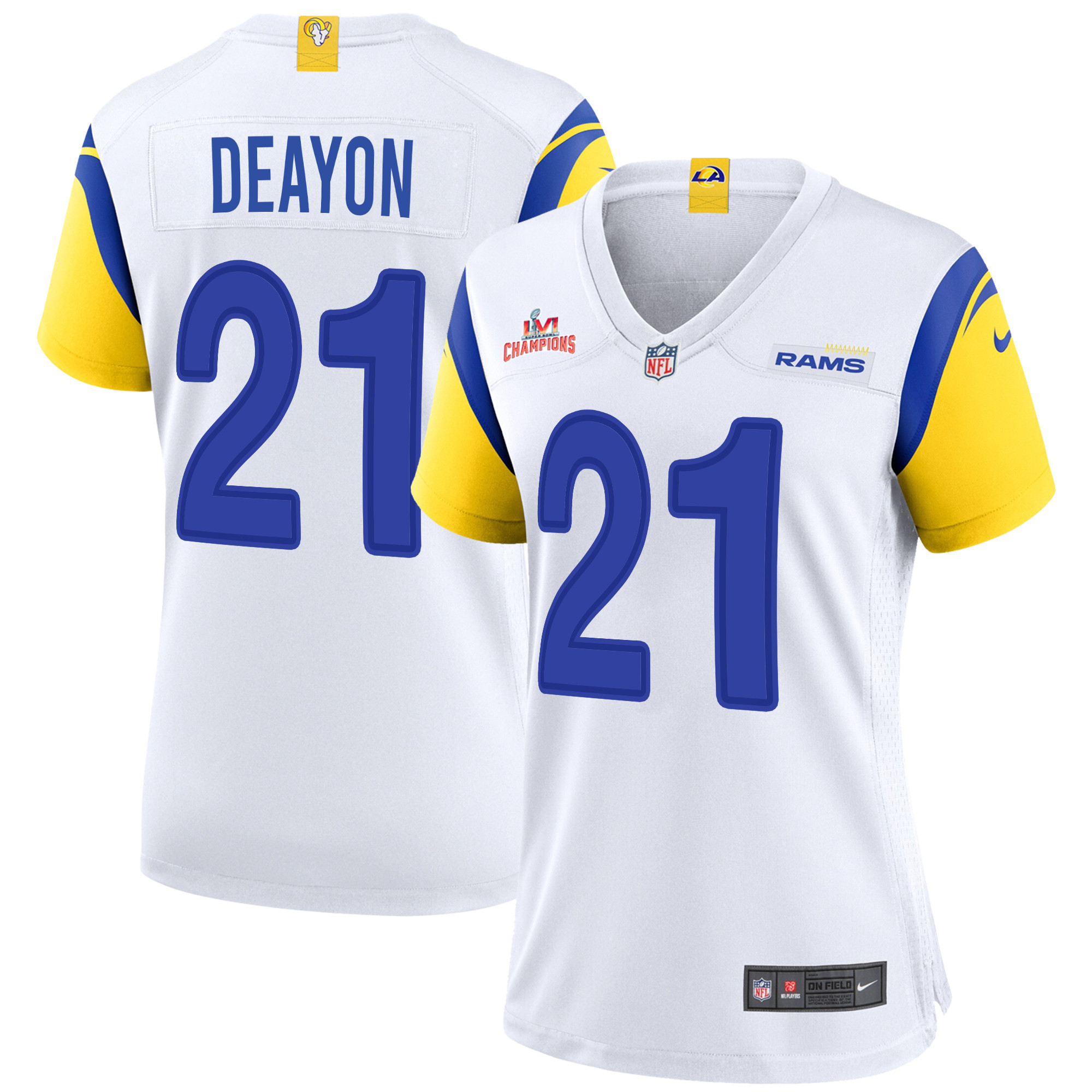 Super Bowl LVI Champions Los Angeles Rams Dont'e Deayon 21 White Women's Jersey Jersey