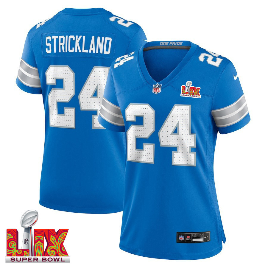 Loren Strickland #24 Detroit Lions Super Bowl LIX Women's Jersey - Blue