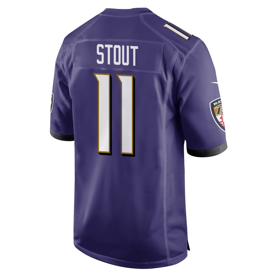 Jordan Stout 11 Baltimore Ravens Super Bowl LIX New Orleans Patch Game Men Jersey - Purple