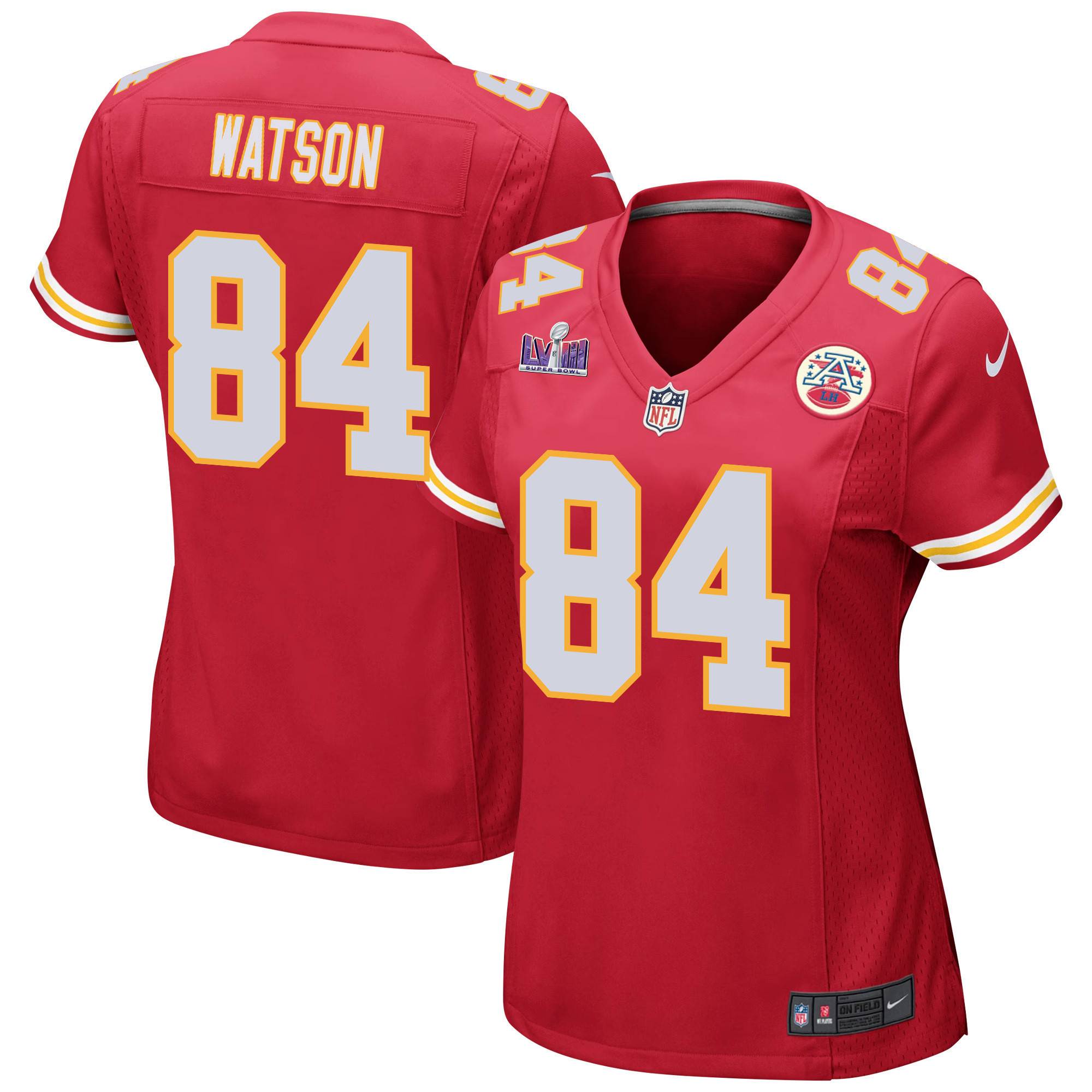 Justin Watson 84 Kansas City Chiefs Super Bowl LVIII Patch Game Women Jersey - Red