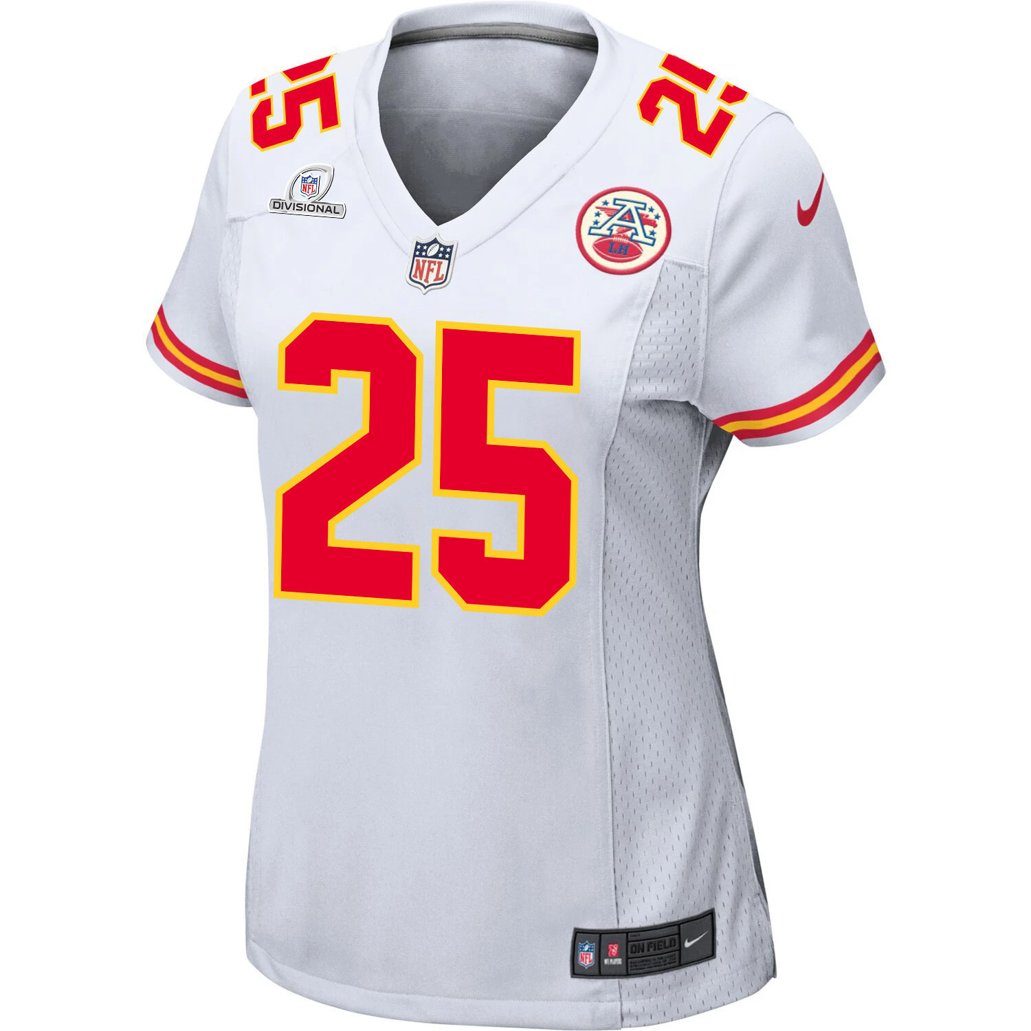 Clyde Edwards-Helaire 25 Kansas City Chiefs Super Bowl LVIII Patch Game Women Jersey - White