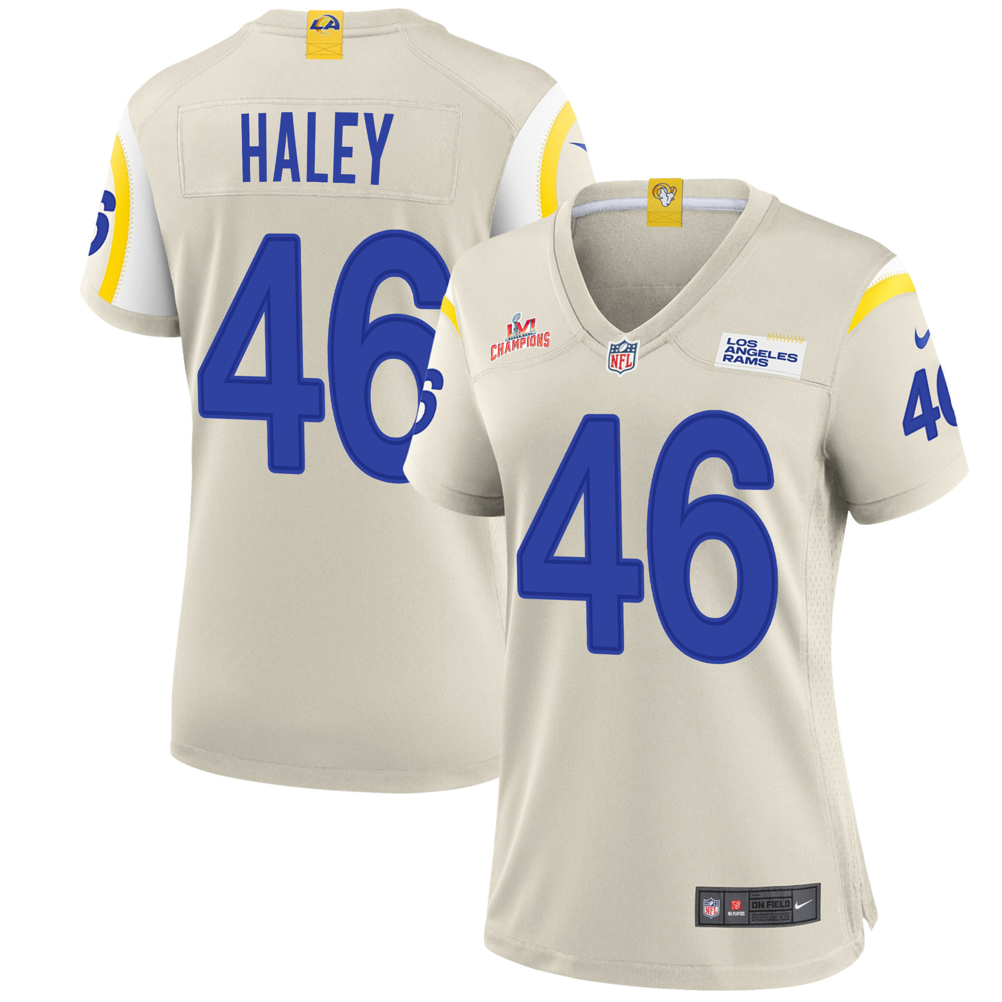 Super Bowl LVI Champions Los Angeles Rams Grant Haley 46 Bone Women's Jersey Jersey