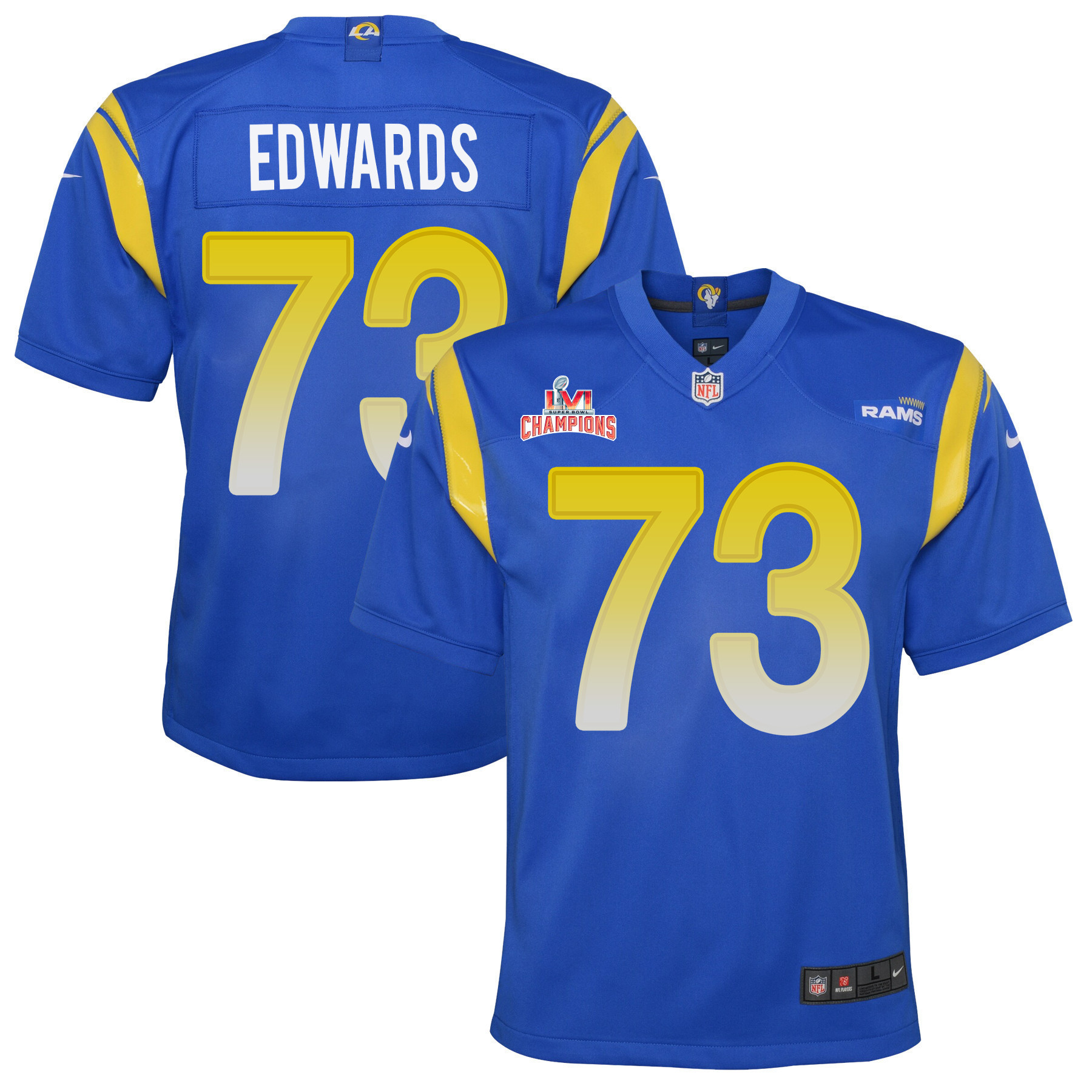 Super Bowl LVI Champions Los Angeles Rams David Edwards 73 Royal Youth's Jersey Jersey
