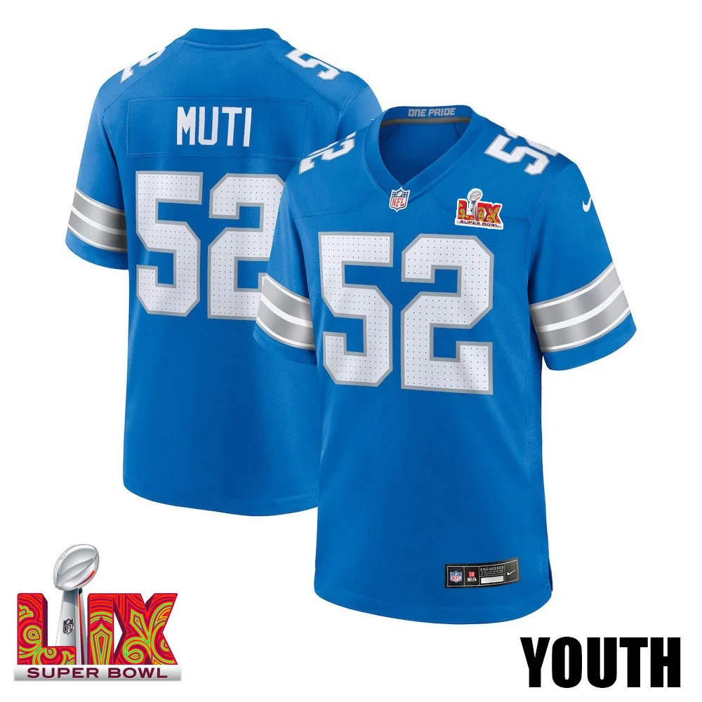 Netane Muti #52 Detroit Lions Super Bowl LIX YOUTH Jersey - Blue