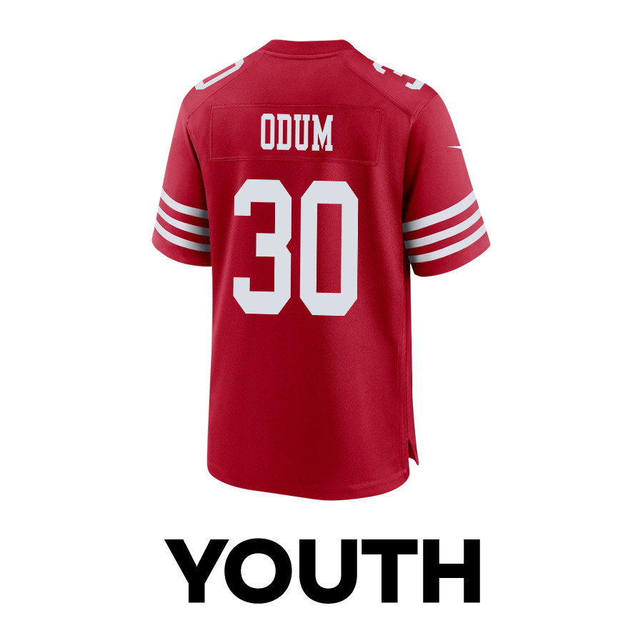 George Odum 30 San Francisco 49ers Super Bowl LVIII Patch Game YOUTH Jersey - Scarlet