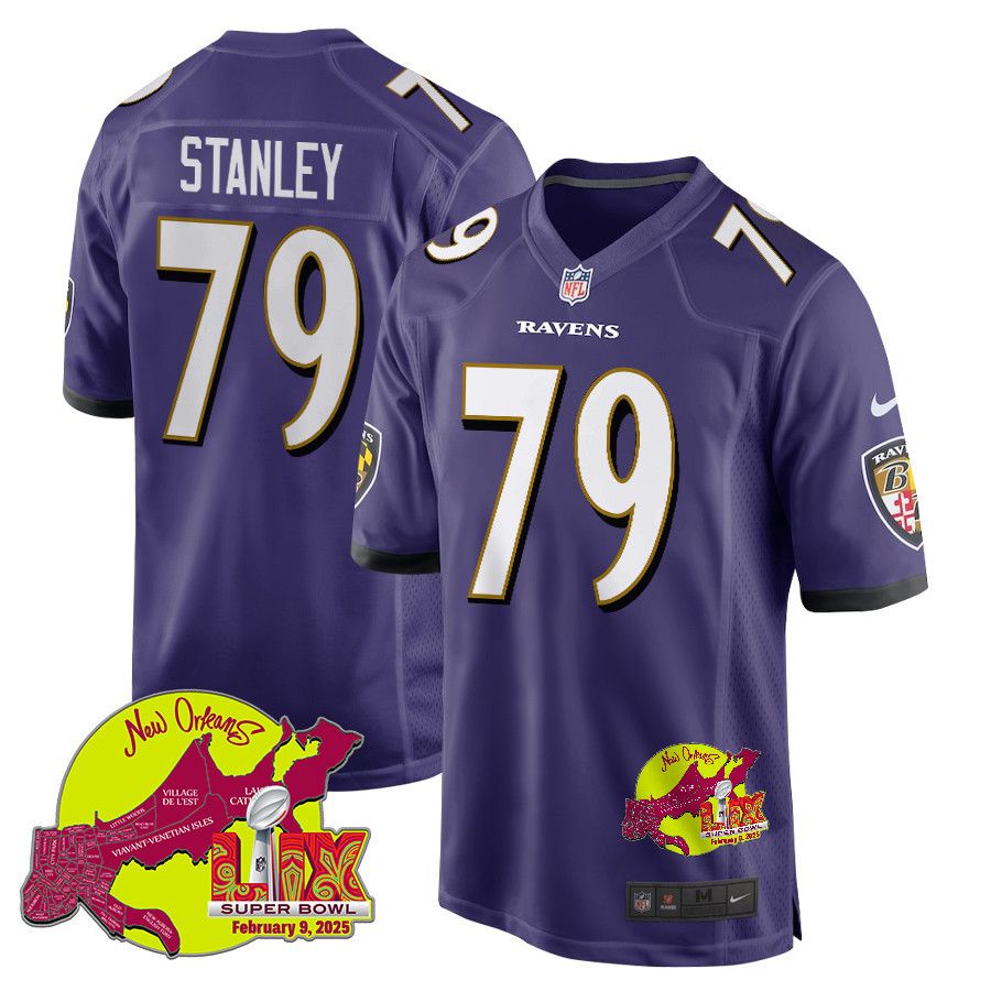 Ronnie Stanley 79 Baltimore Ravens Super Bowl LIX New Orleans Patch Game Men Jersey - Purple