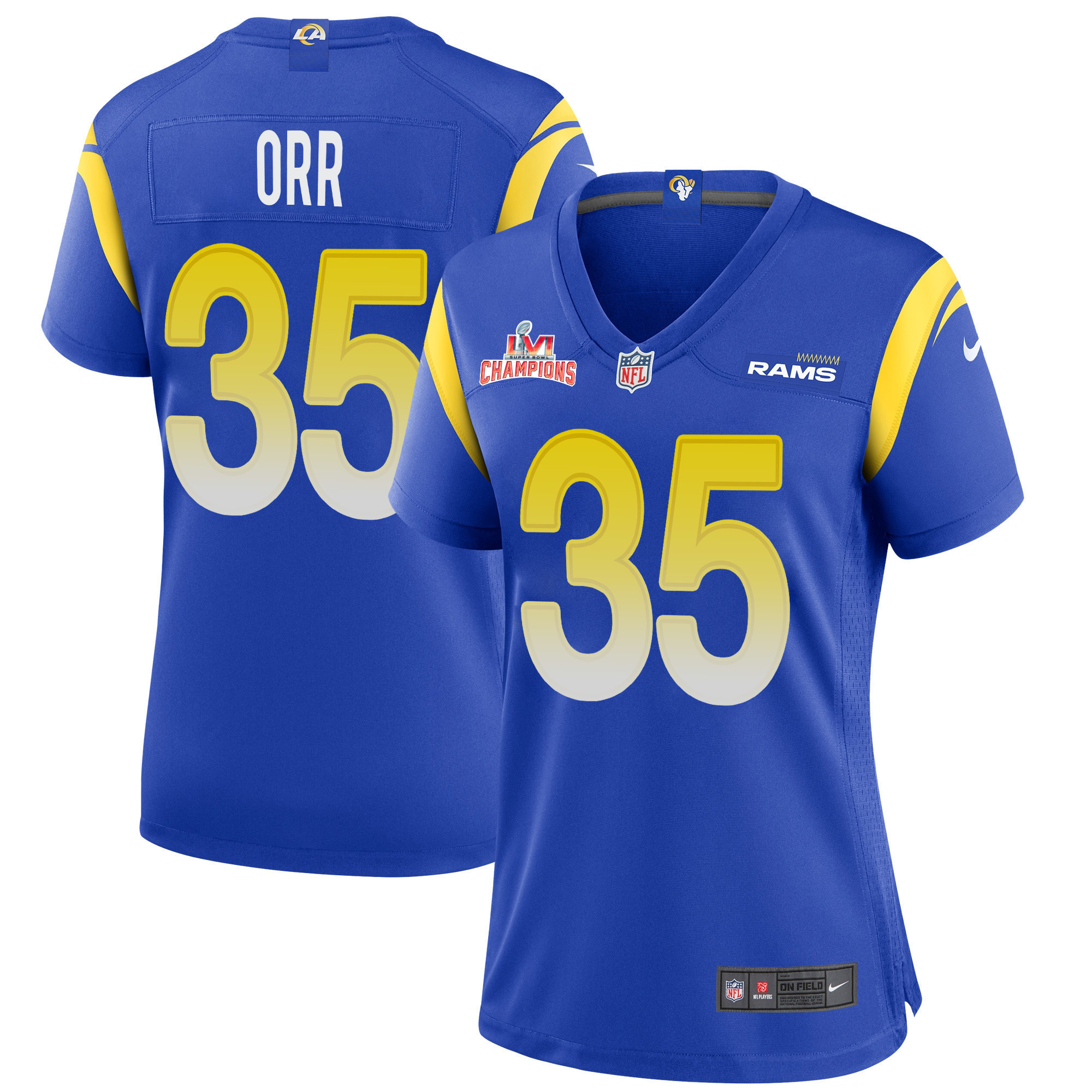 Super Bowl LVI Champions Los Angeles Rams Kareem Orr 35 Royal Women's Jersey Jersey