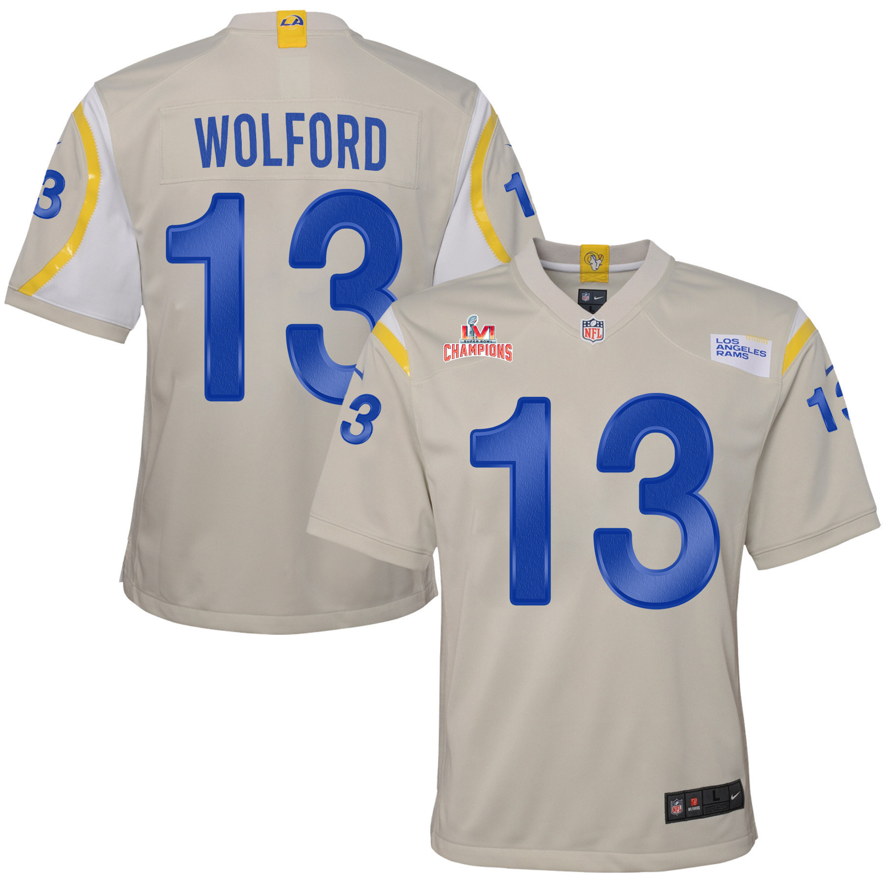 Super Bowl LVI Champions Los Angeles Rams John Wolford 13 Bone Youth's Jersey Jersey