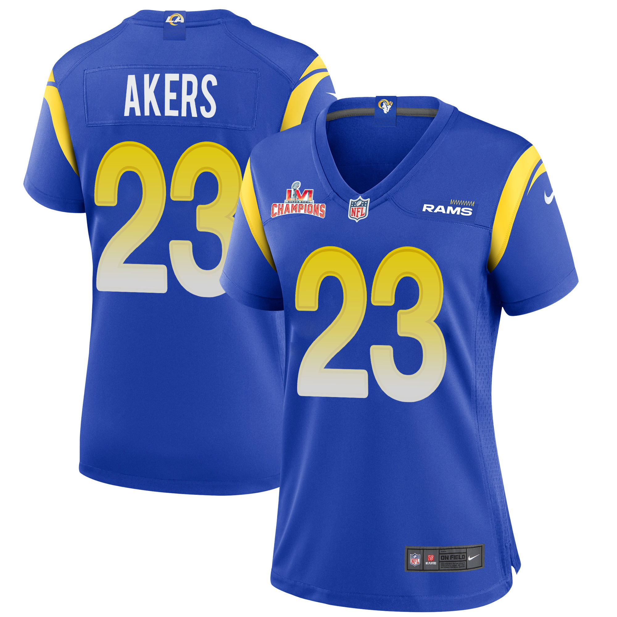 Super Bowl LVI Champions Los Angeles Rams Cam Akers 23 Royal Women's Jersey Jersey