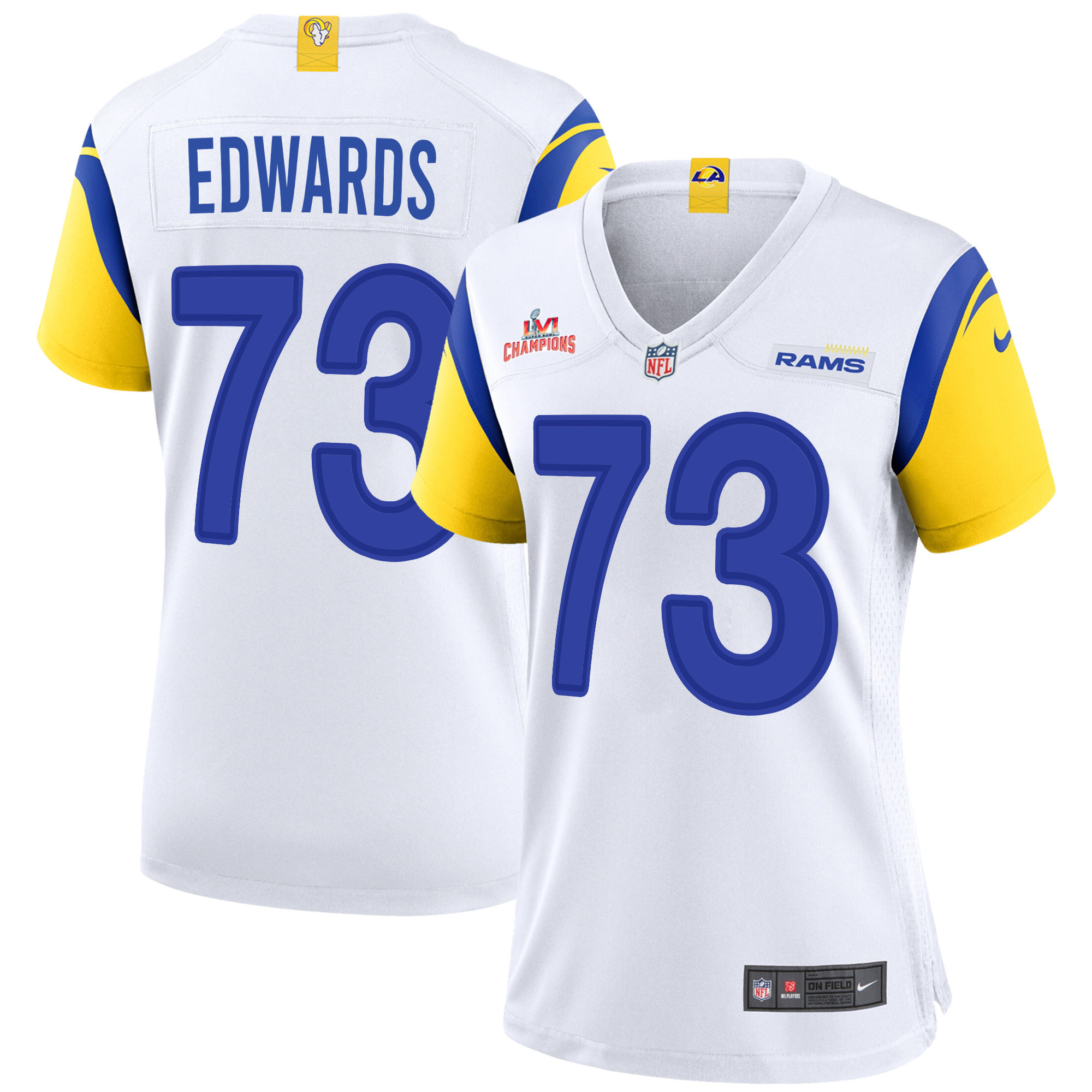 Super Bowl LVI Champions Los Angeles Rams David Edwards 73 White Women's Jersey Jersey