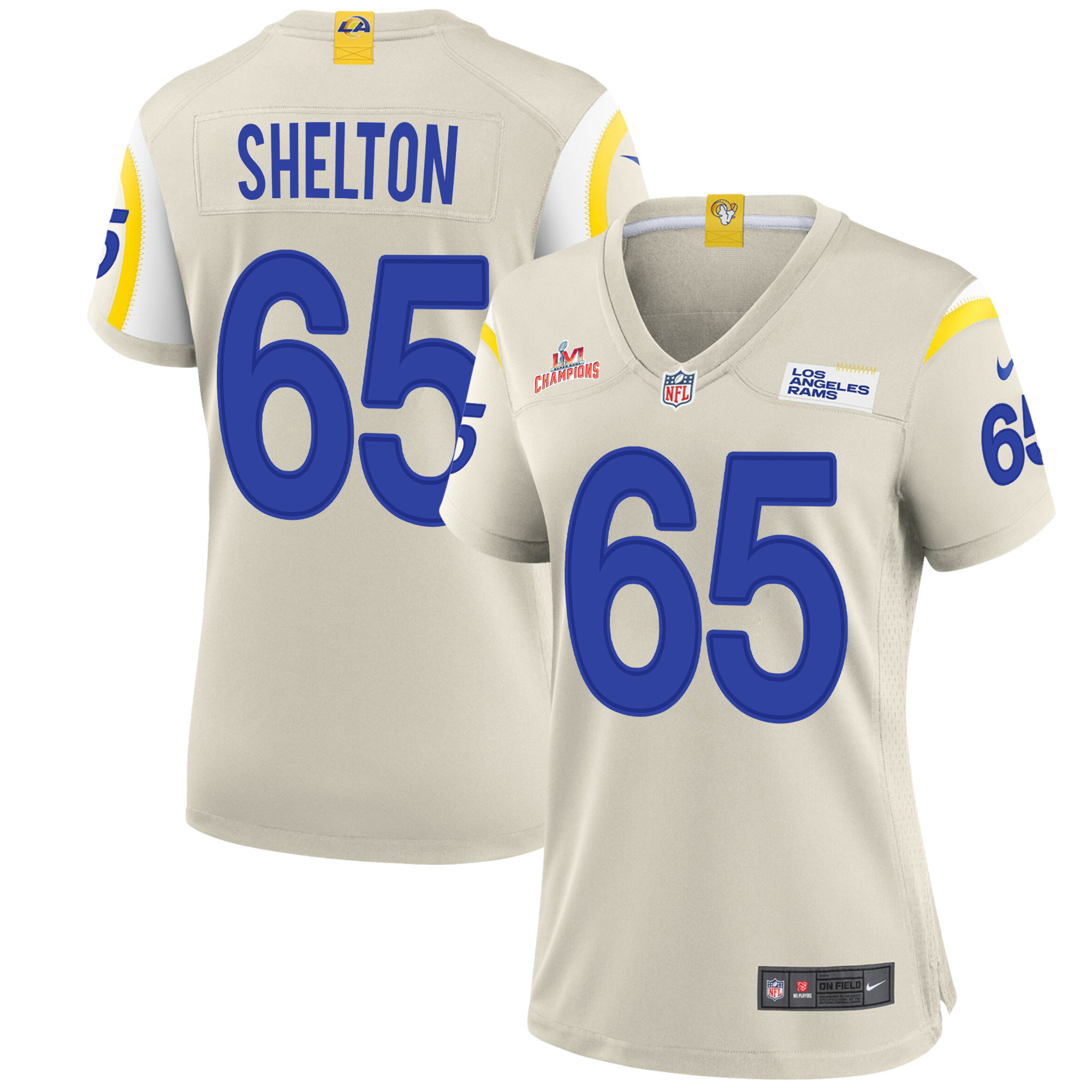 Super Bowl LVI Champions Los Angeles Rams Coleman Shelton 65 Bone Women's Jersey Jersey