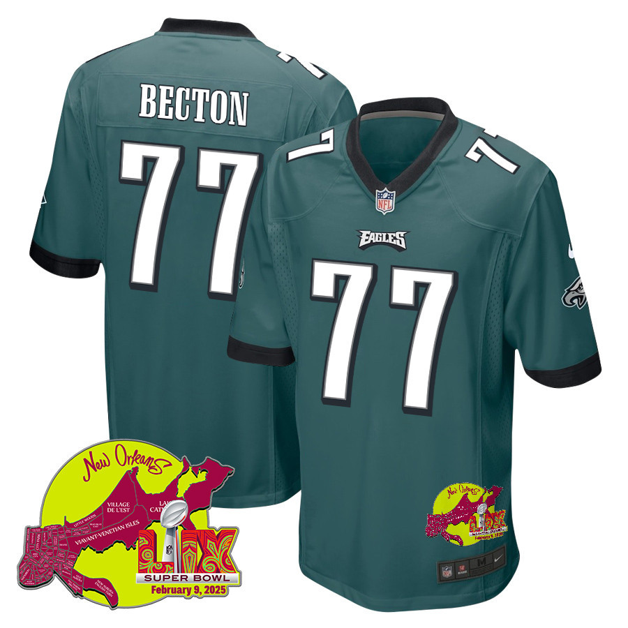 Mekhi Becton 77 Philadelphia Eagles Super Bowl LIX New Orleans Patch Game Men Jersey - Midnight Green