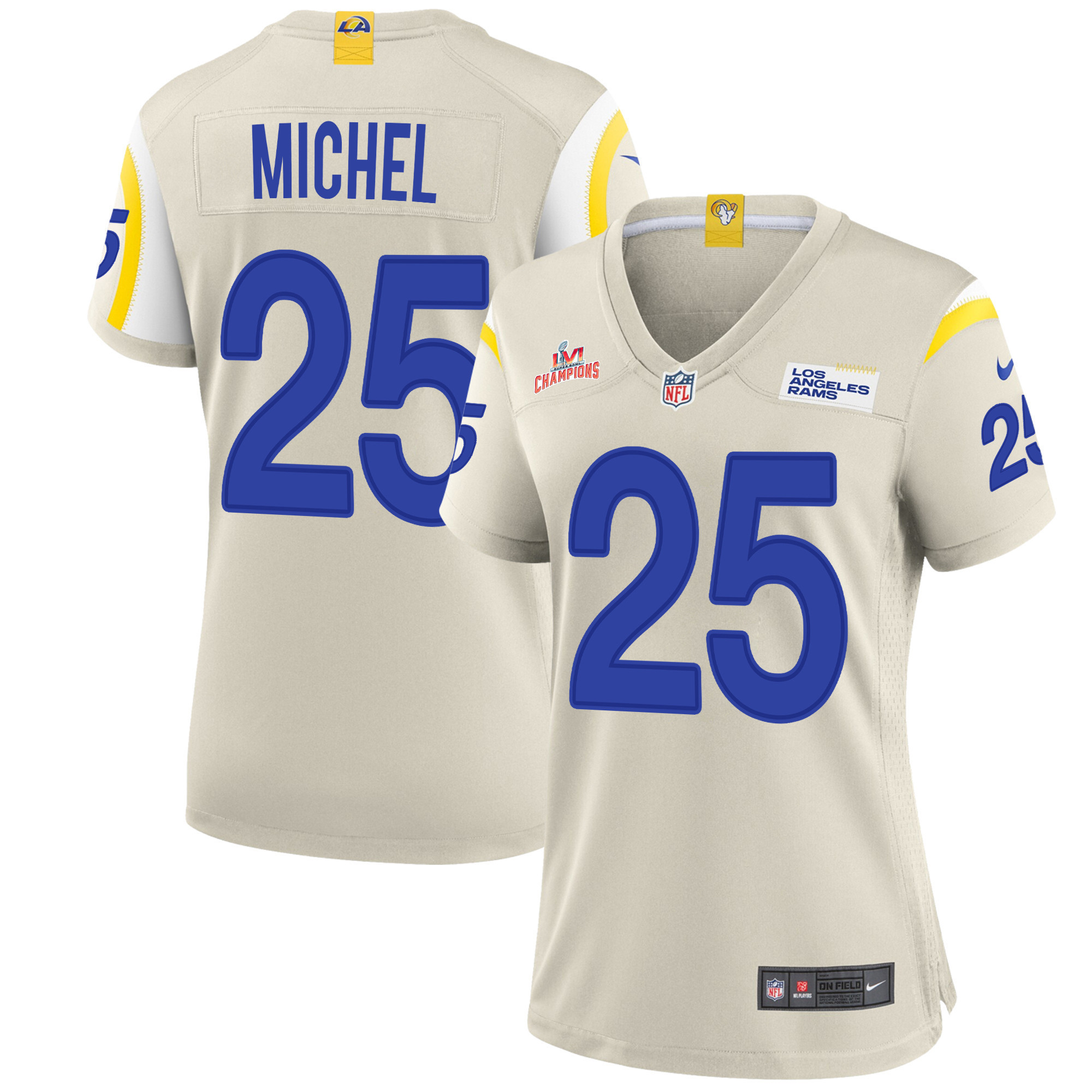 Super Bowl LVI Champions Los Angeles Rams Sony Michel 25 Bone Women's Jersey Jersey