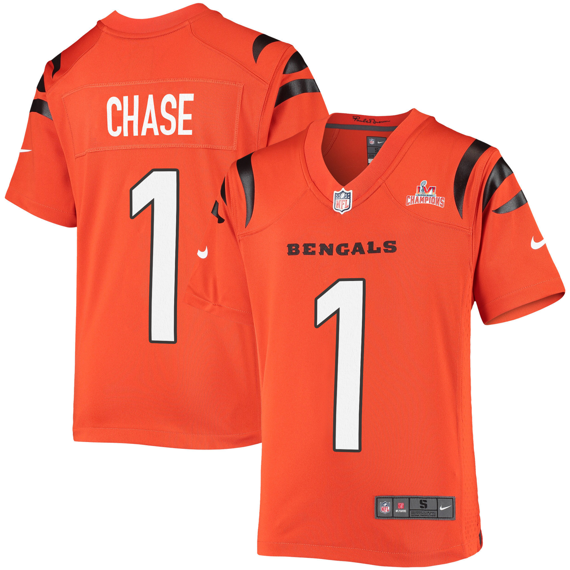 Super Bowl LVI Champions Cincinnati Bengals Ja'Marr Chase 1 Orange Youth's Jersey Jersey