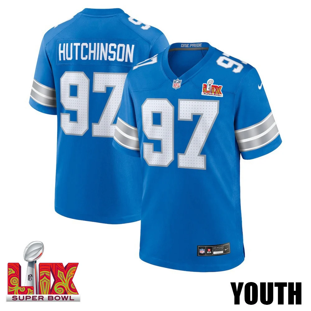 Aidan Hutchinson #97 Detroit Lions Super Bowl LIX YOUTH Jersey - Blue