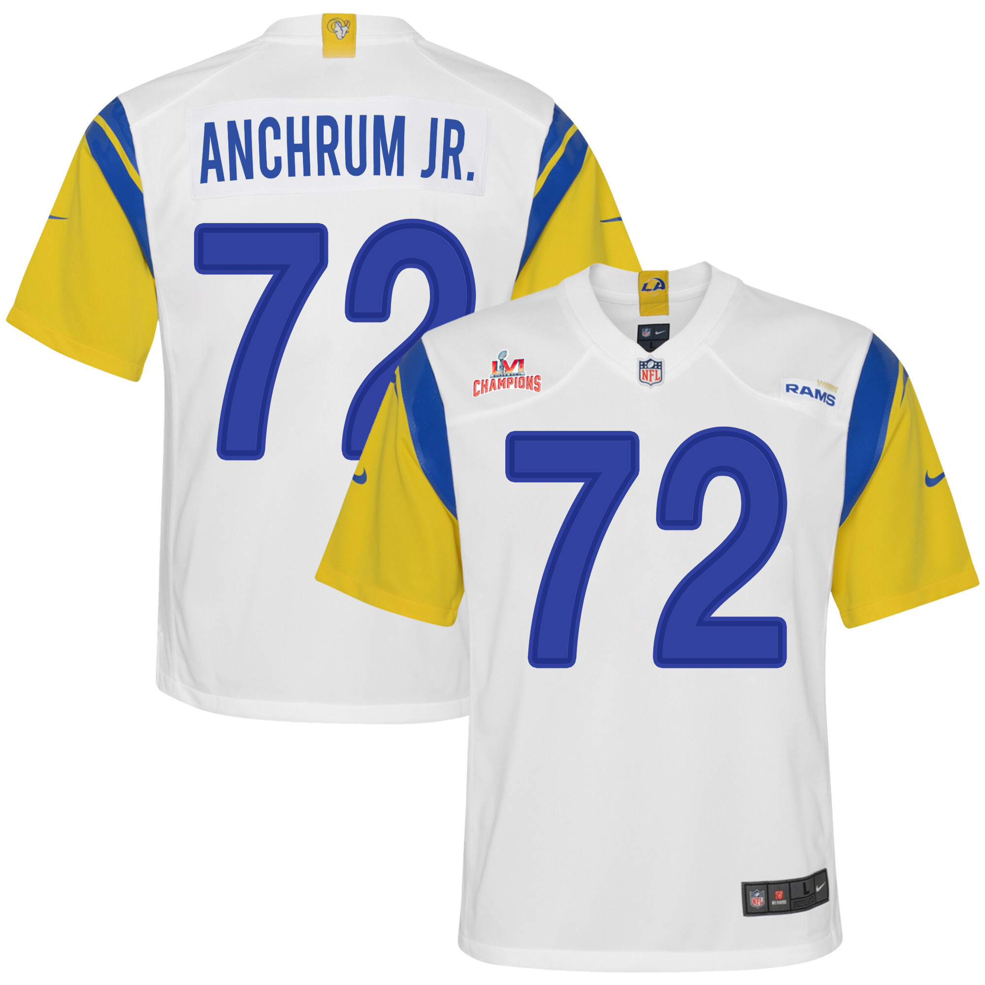 Super Bowl LVI Champions Los Angeles Rams Tremayne Anchrum Jr. 72 White Youth's Jersey Jersey
