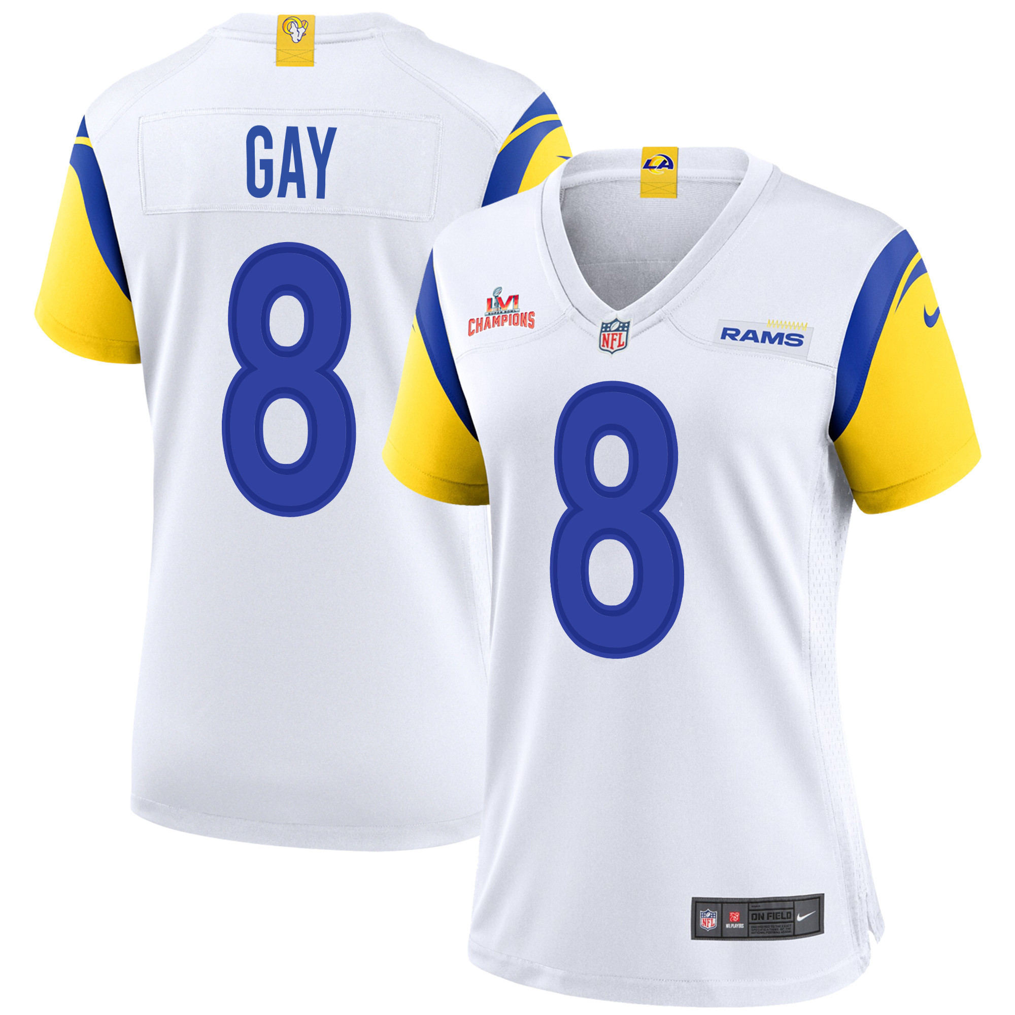 Super Bowl LVI Champions Los Angeles Rams Matt Gay 8 White Women's Jersey Jersey